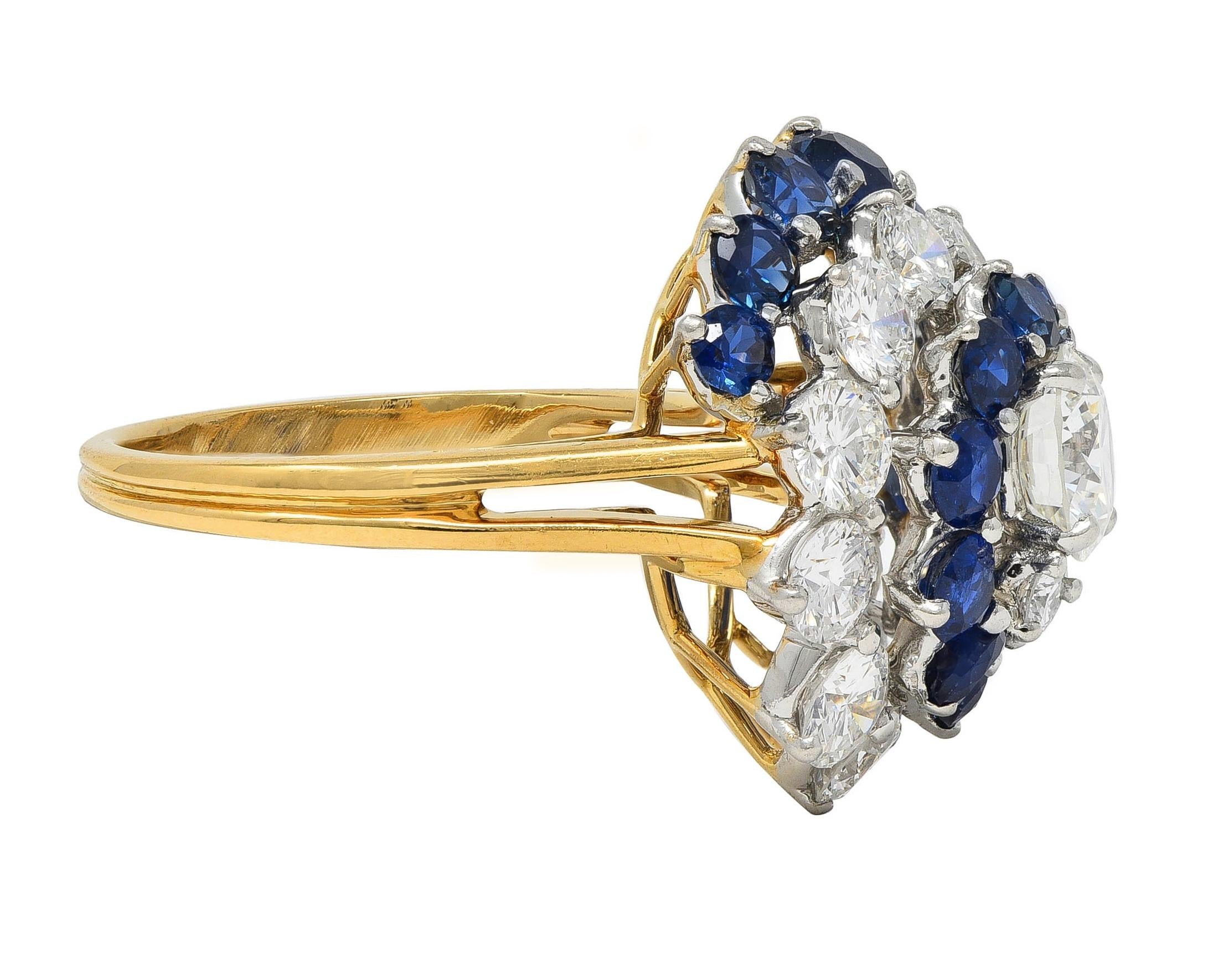 5.85 CTW Sapphire Diamond Platinum 18K Gold Vintage Spiral Cluster Ring