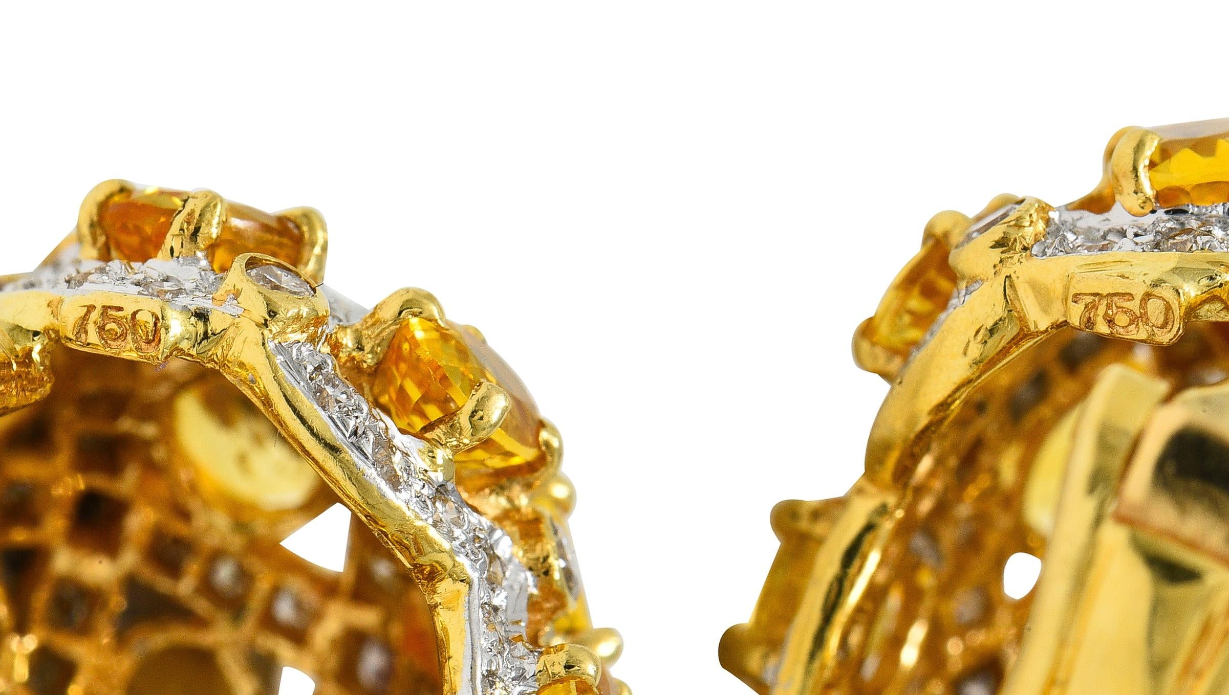 Contemporary 7.66 CTW Citrine Diamond 18 Karat Two-Tone Gold J-Hoop Earrings