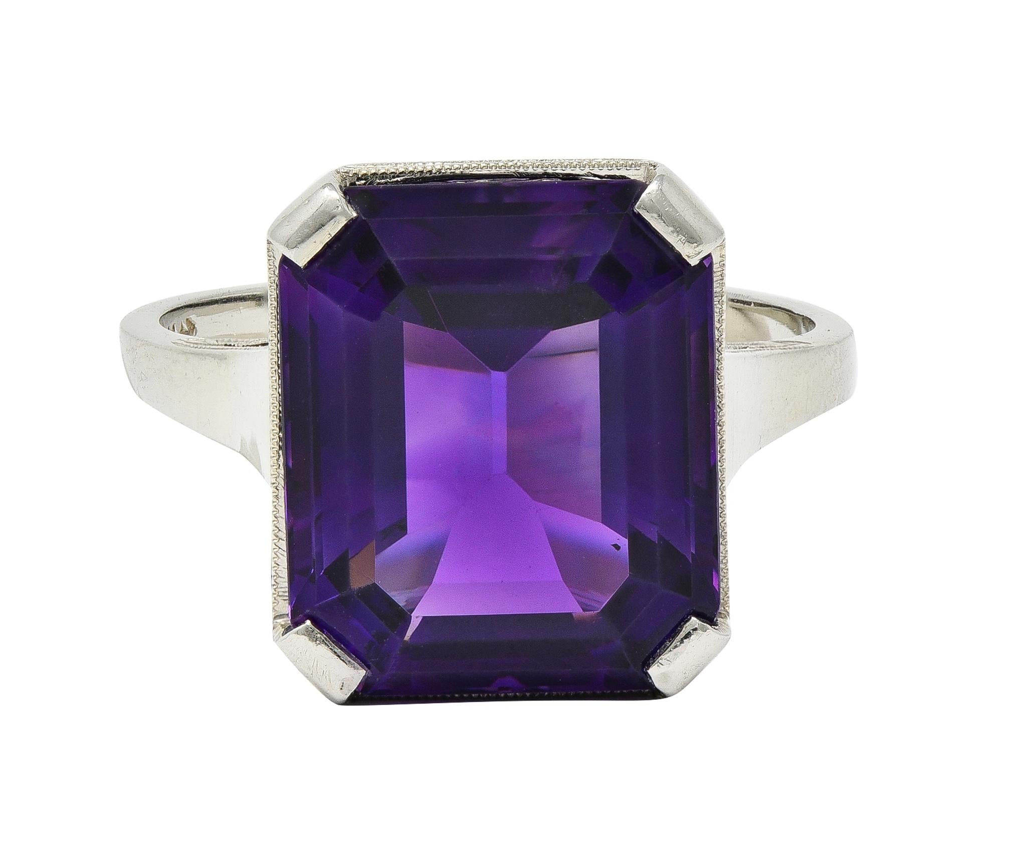 Art Deco 9.34 CTW Amethyst 18 Karat White Gold Vintage Wheat Cocktail Ring