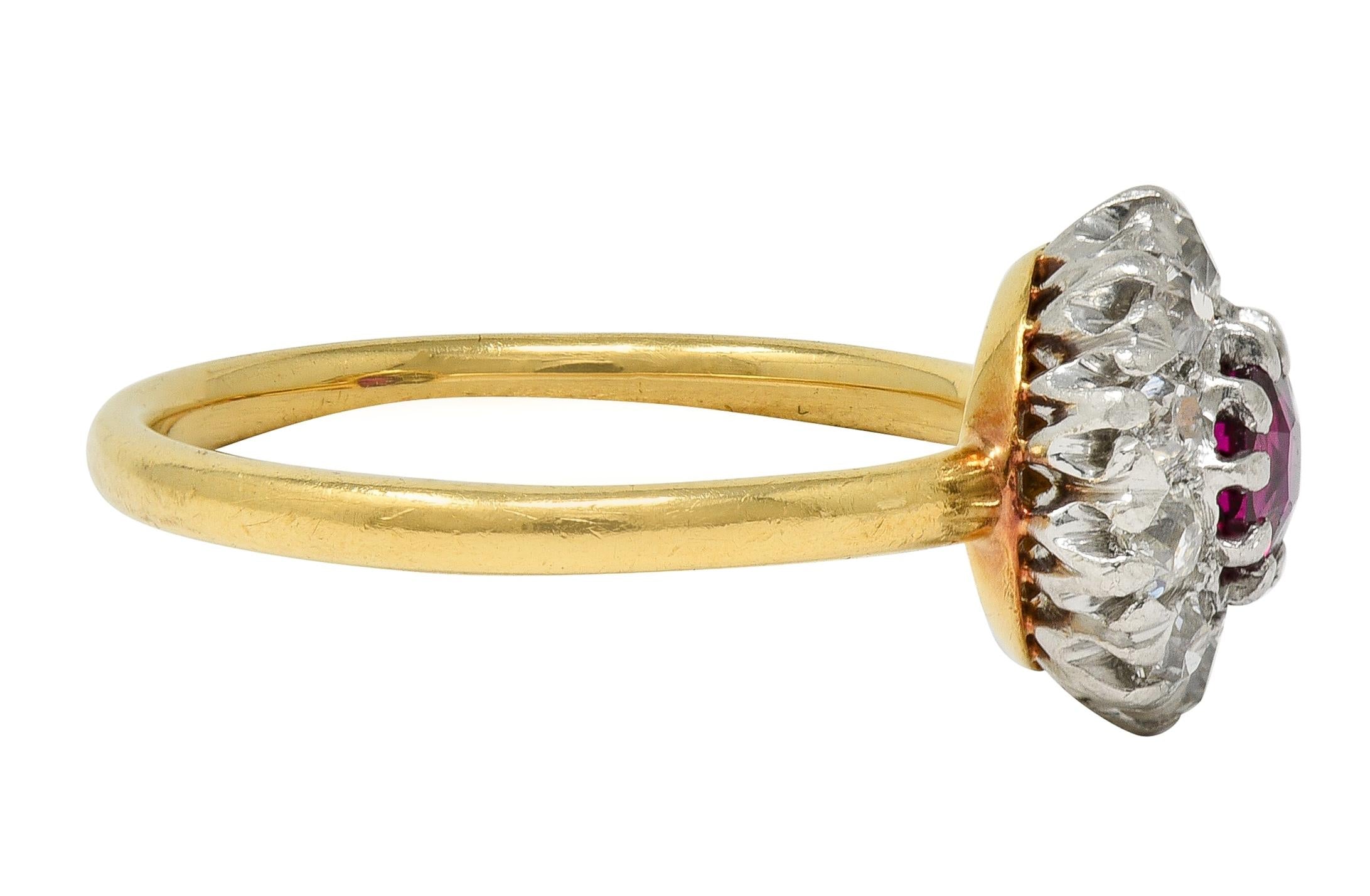 Edwardian Ruby Old Mine Diamond Platinum 18 Karat Yellow Gold Antique Halo Ring