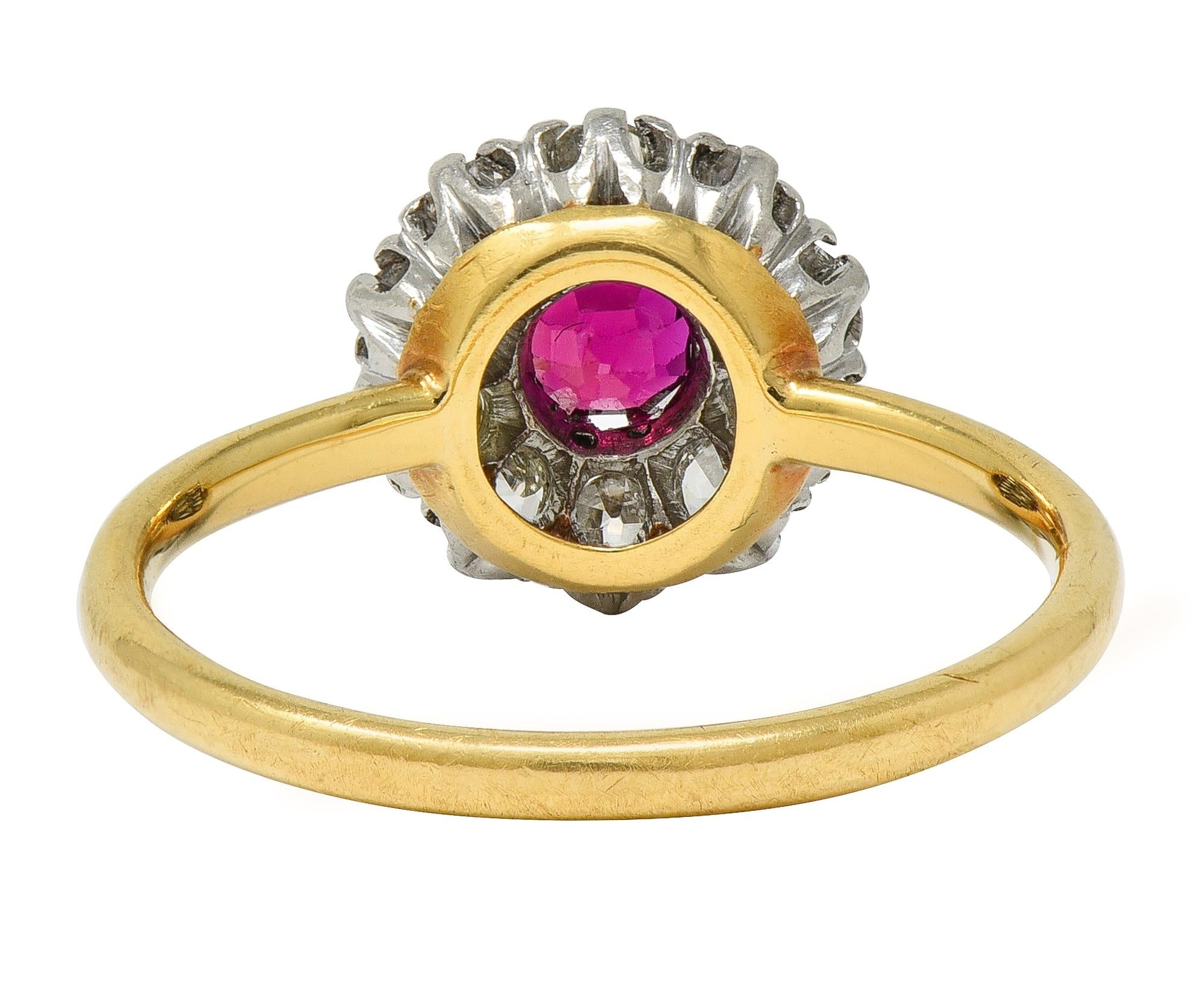 Edwardian Ruby Old Mine Diamond Platinum 18 Karat Yellow Gold Antique Halo Ring