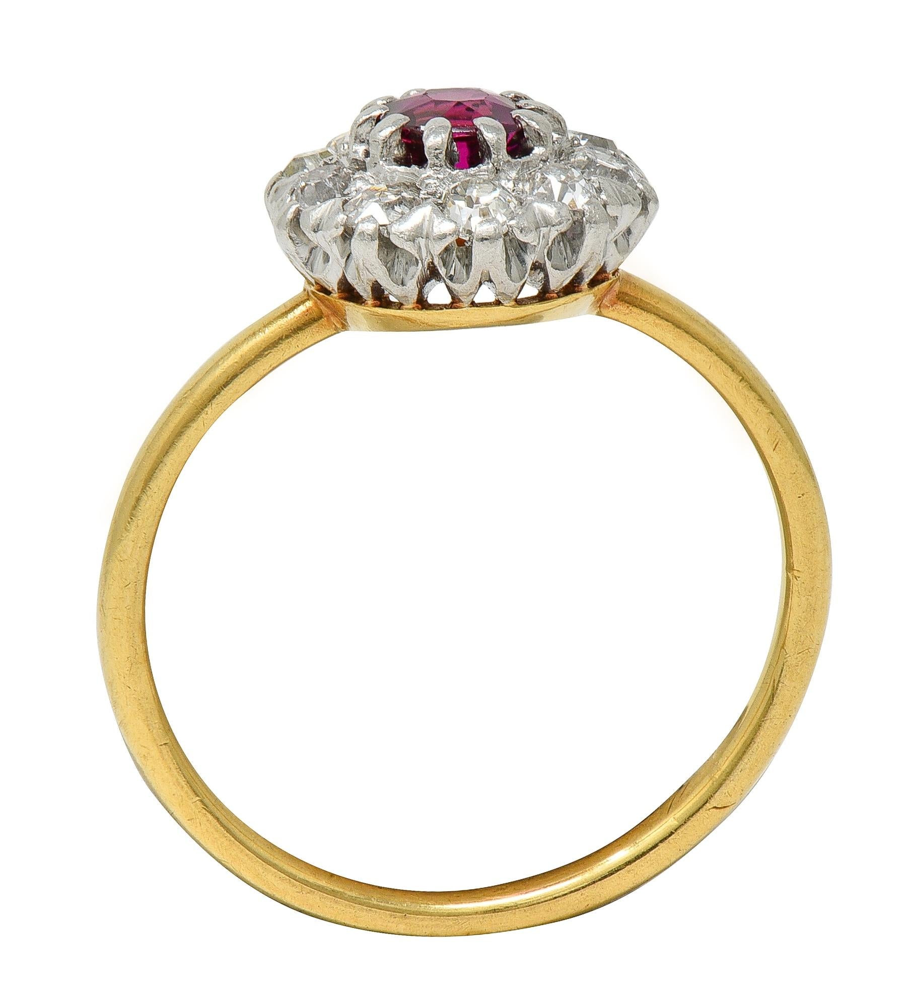 Edwardian Ruby Old Mine Diamond Platinum 18 Karat Yellow Gold Antique Halo Ring