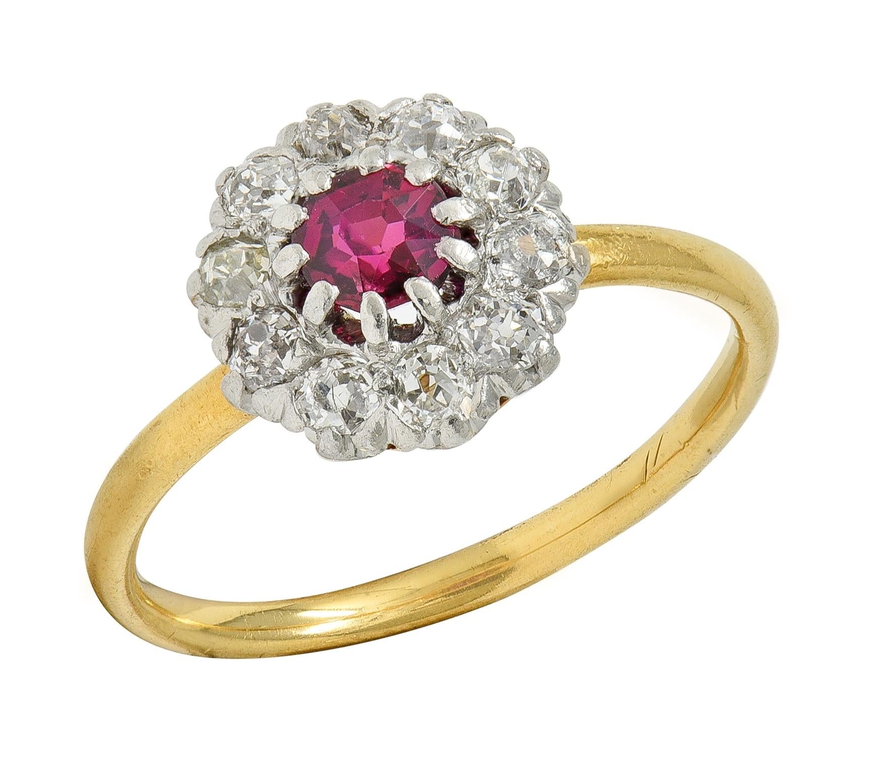 Edwardian Ruby Old Mine Diamond Platinum 18 Karat Yellow Gold Antique Halo Ring