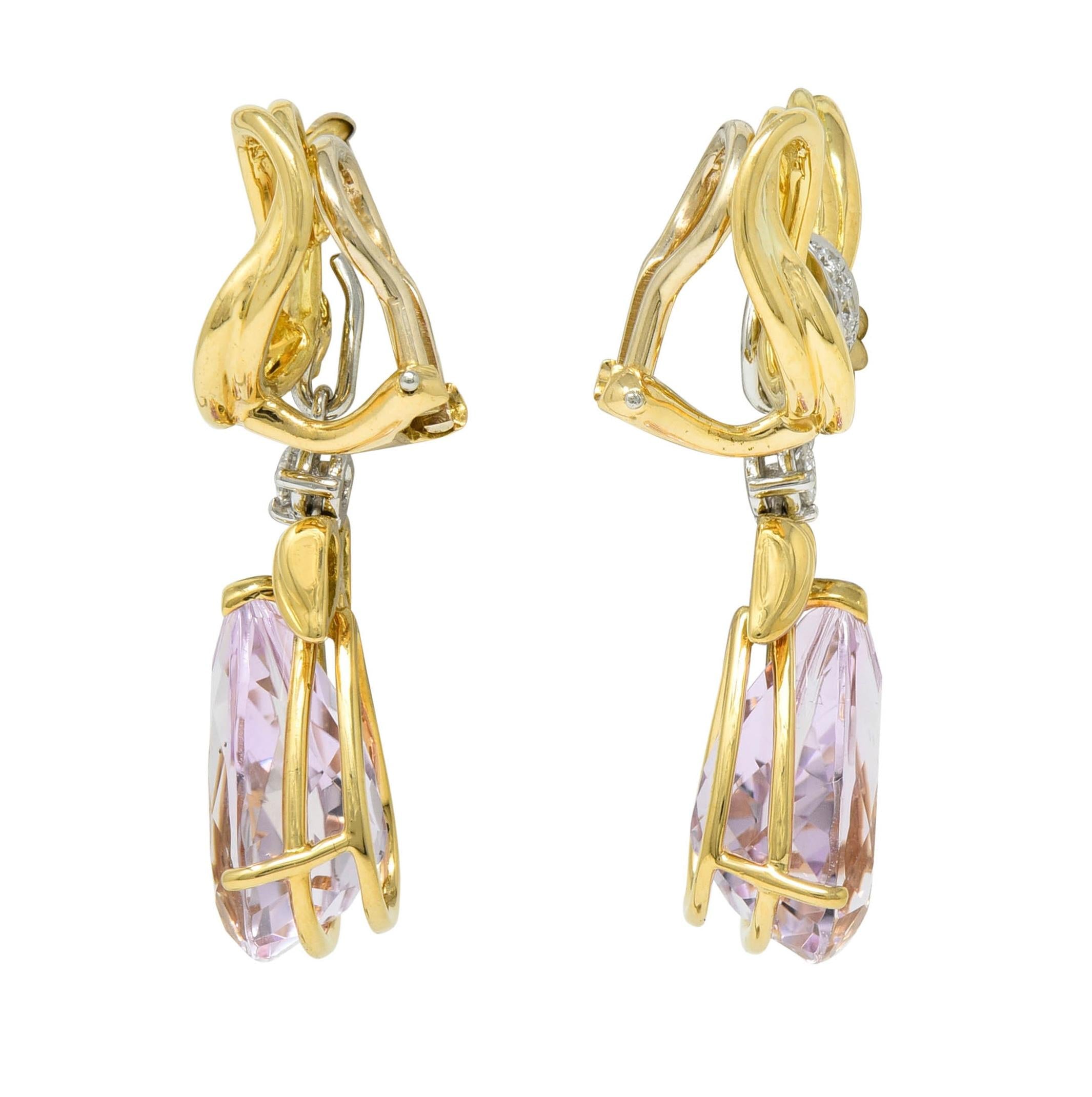 Tiffany & Co. 1988 Kunzite Diamond Platinum 18K Gold Vintage Angel Drop Earrings