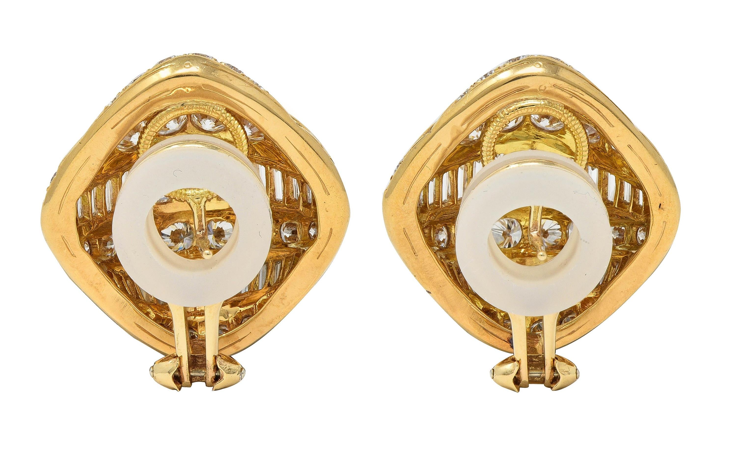 1980's Round Baguette Diamond 18 Karat Yellow Gold Domed Vintage Earrings