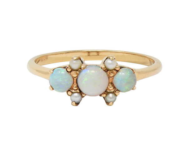 Victorian Opal Pearl 14 Karat Yellow Gold Three Stone Antique Ring