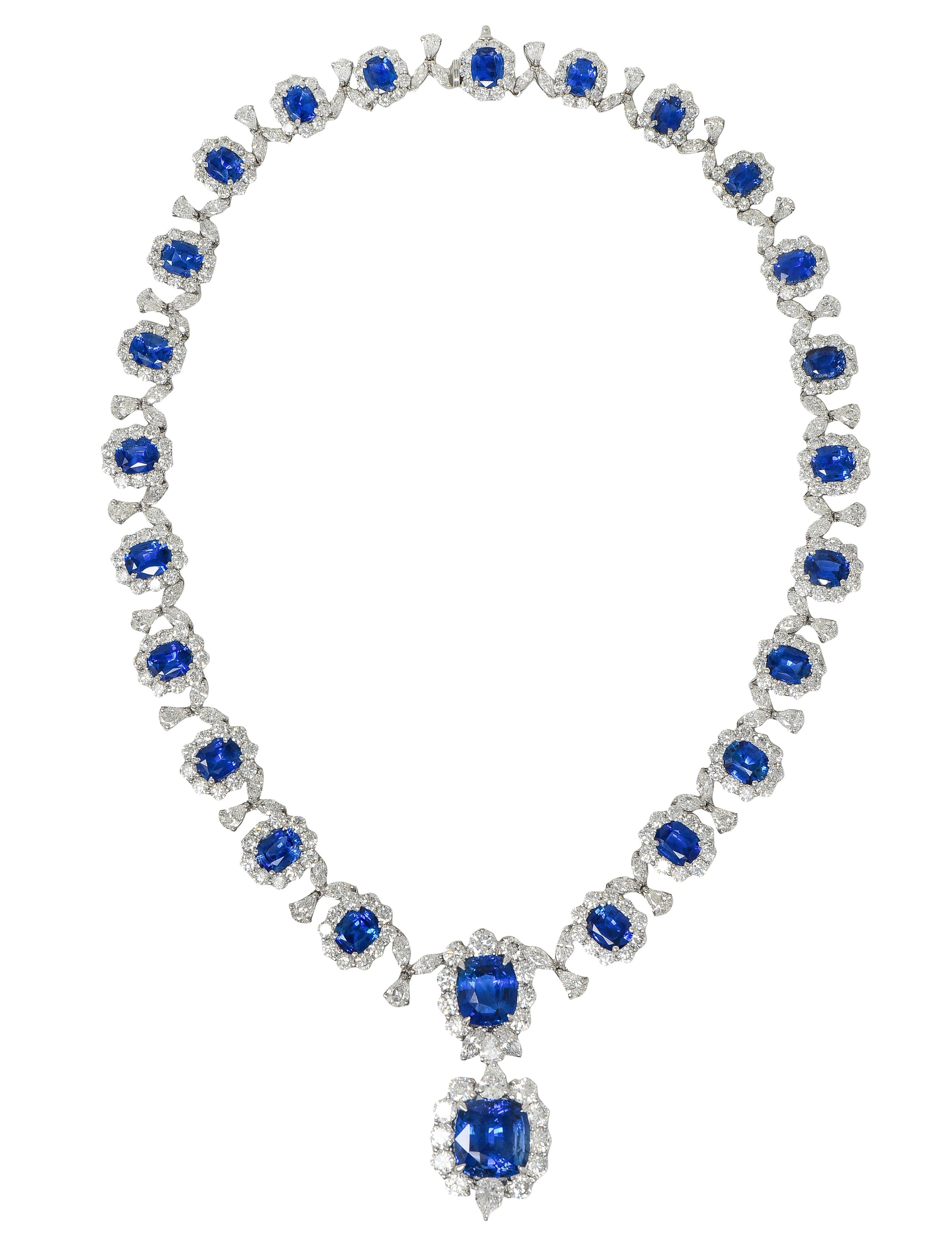Contemporary Blue Sapphire Diamond Platinum White Gold Floral Statement Necklace