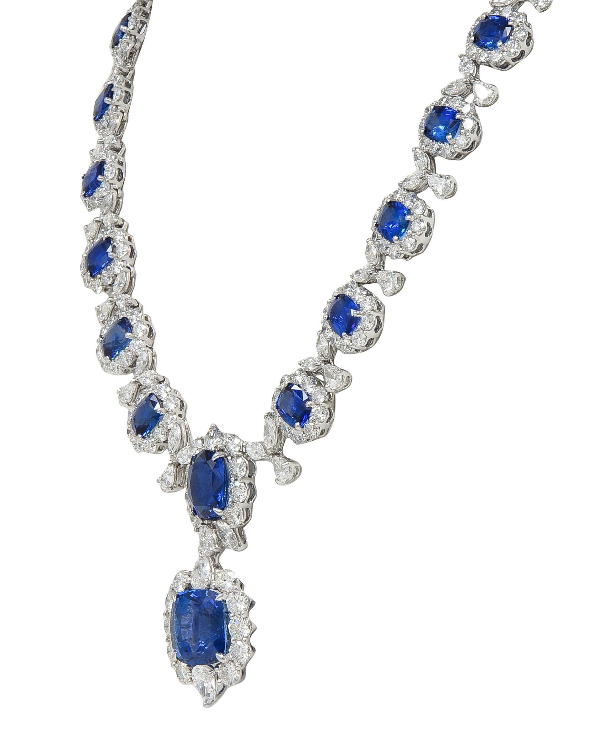 Contemporary Blue Sapphire Diamond Platinum White Gold Floral Statement Necklace