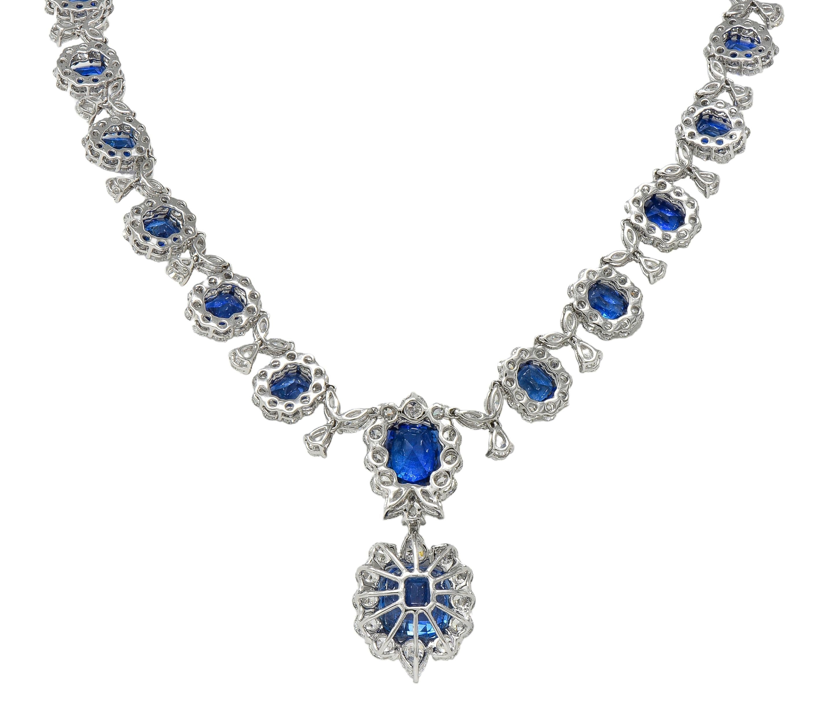 Contemporary Blue Sapphire Diamond Platinum White Gold Floral Statement Necklace