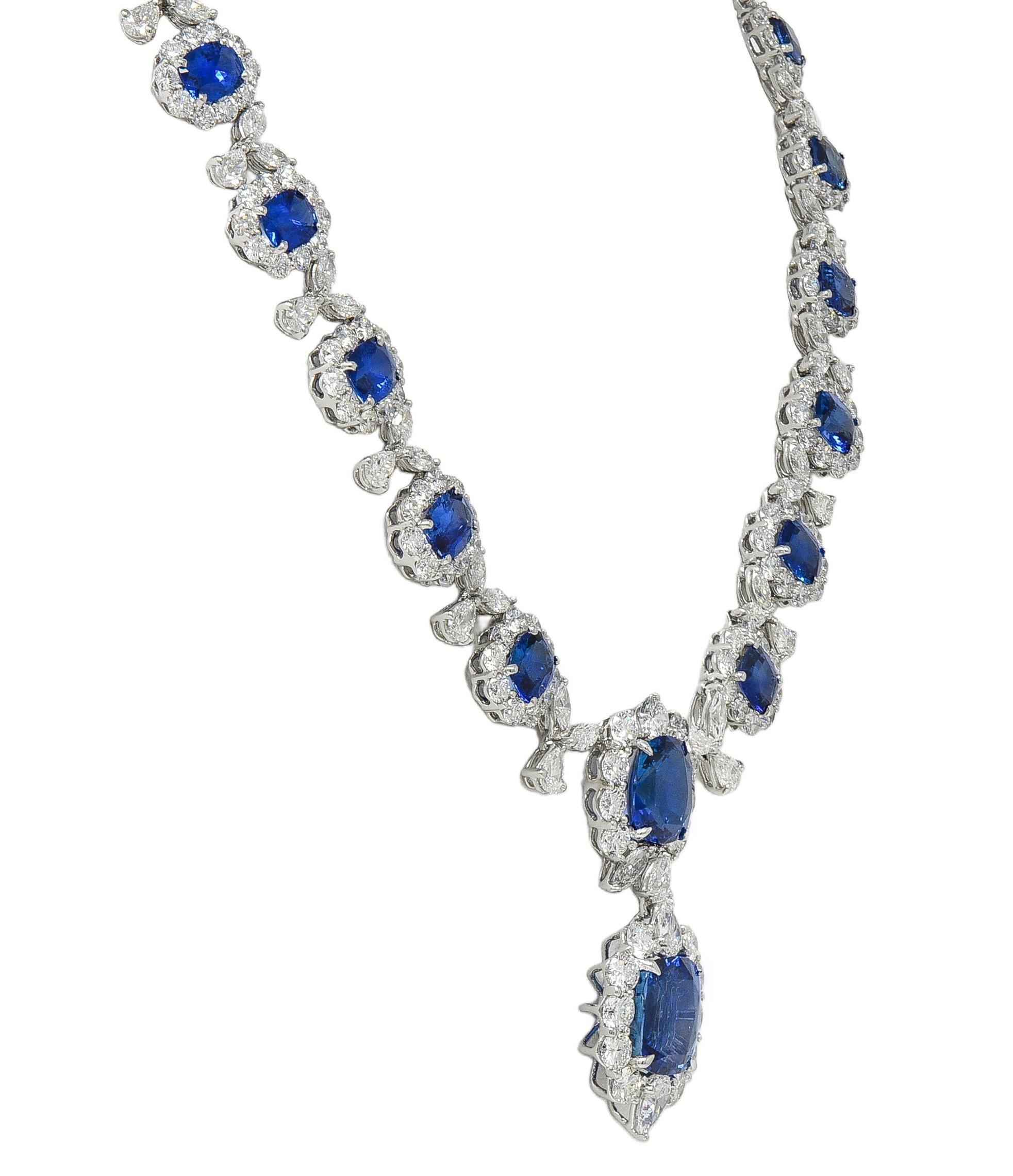 Contemporary Blue Sapphire Diamond Platinum White Gold Floral Statement Necklace