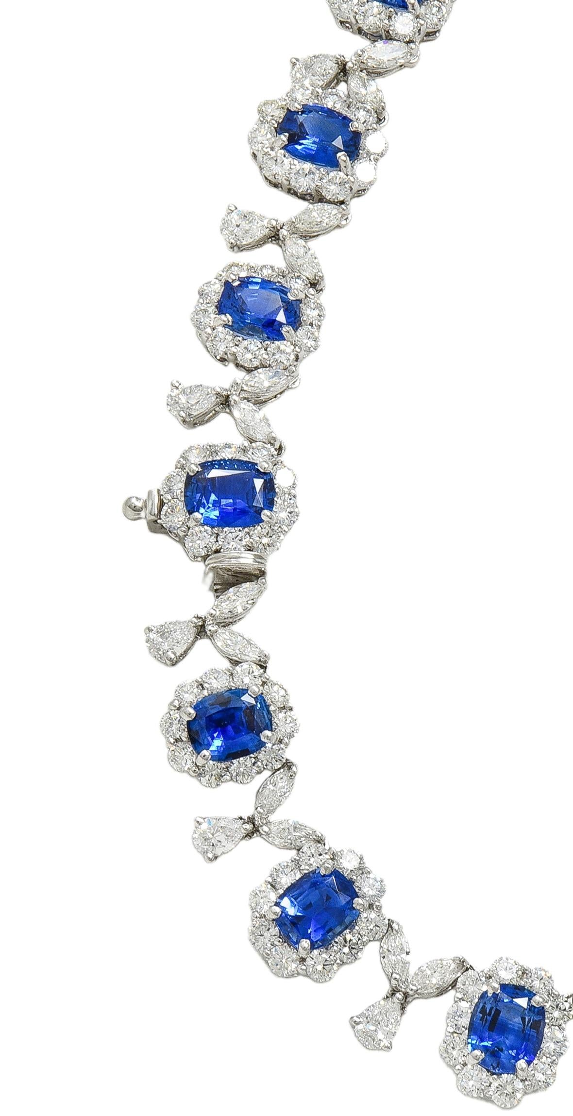 Contemporary Blue Sapphire Diamond Platinum White Gold Floral Statement Necklace