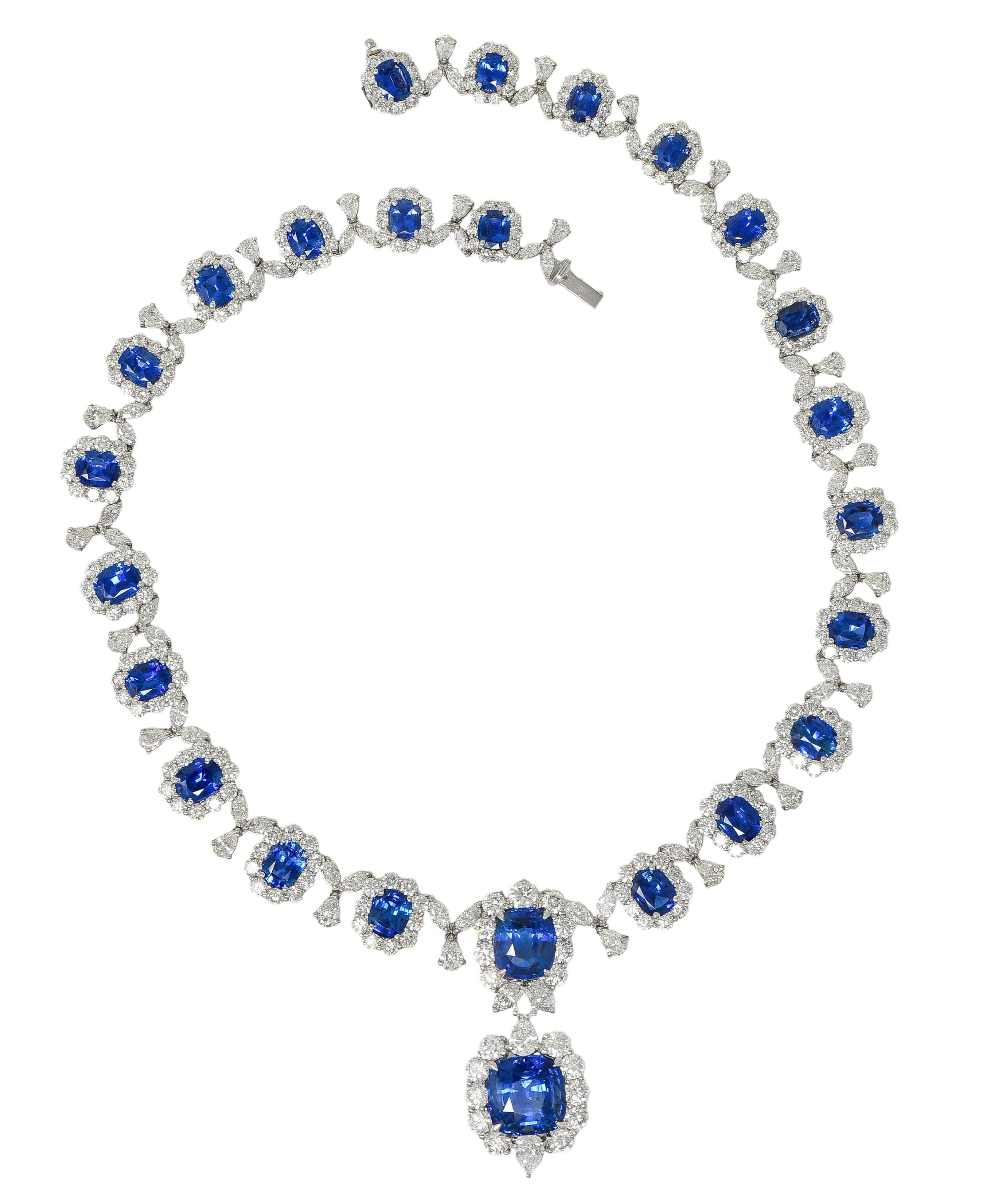 Contemporary 93.45 CTW Blue Sapphire Diamond Platinum Drop Statement Necklace