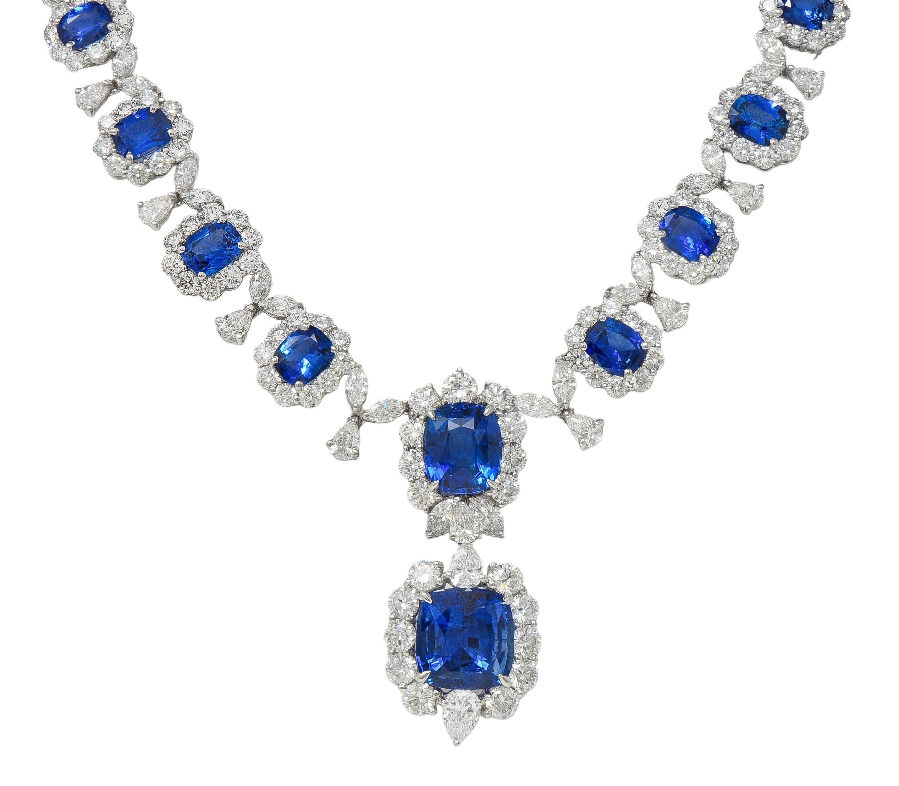 Contemporary 93.45 CTW Blue Sapphire Diamond Platinum Drop Statement Necklace