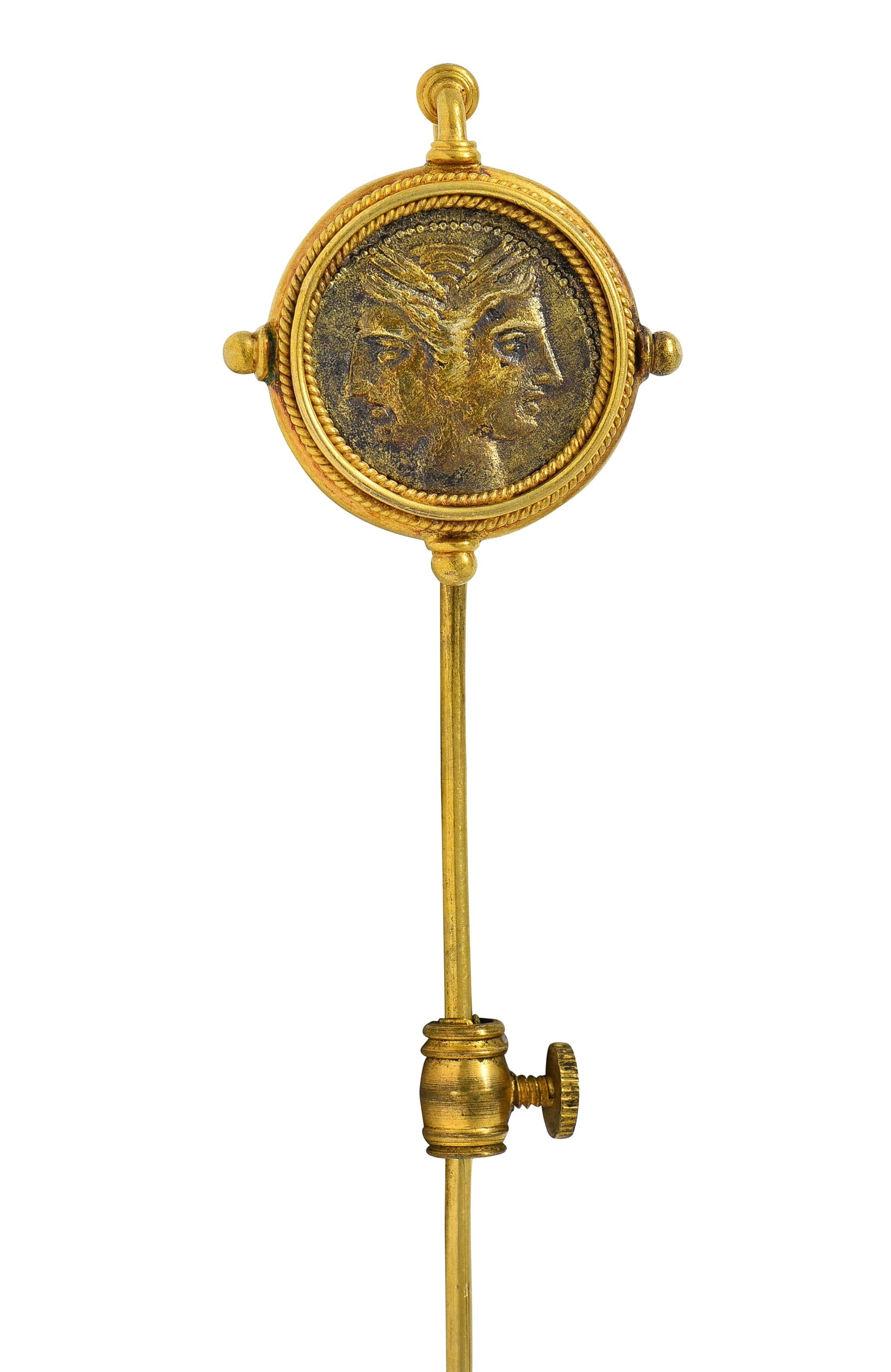 Victorian Ancient Carthaginian Zeus Coin 18 Karat Yellow Gold Antique Stickpin