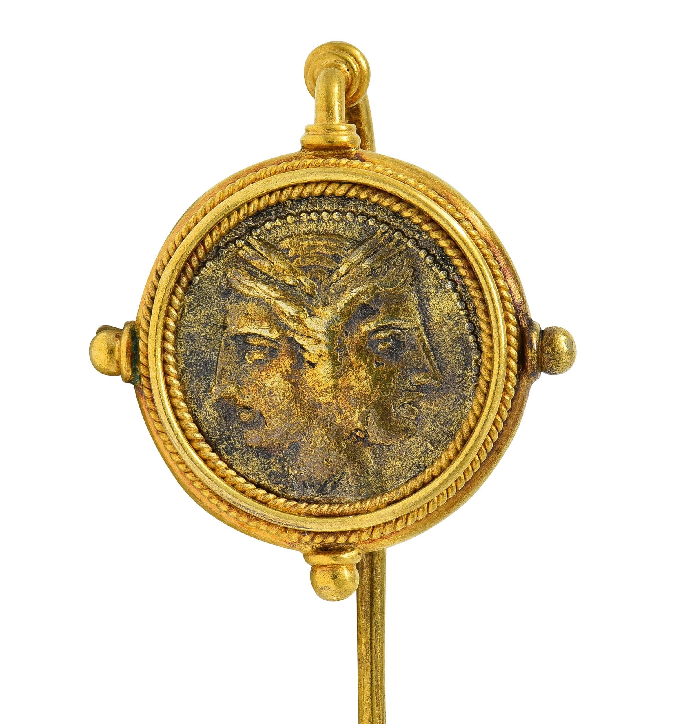 Victorian Ancient Carthaginian Zeus Coin 18 Karat Yellow Gold Antique Stickpin