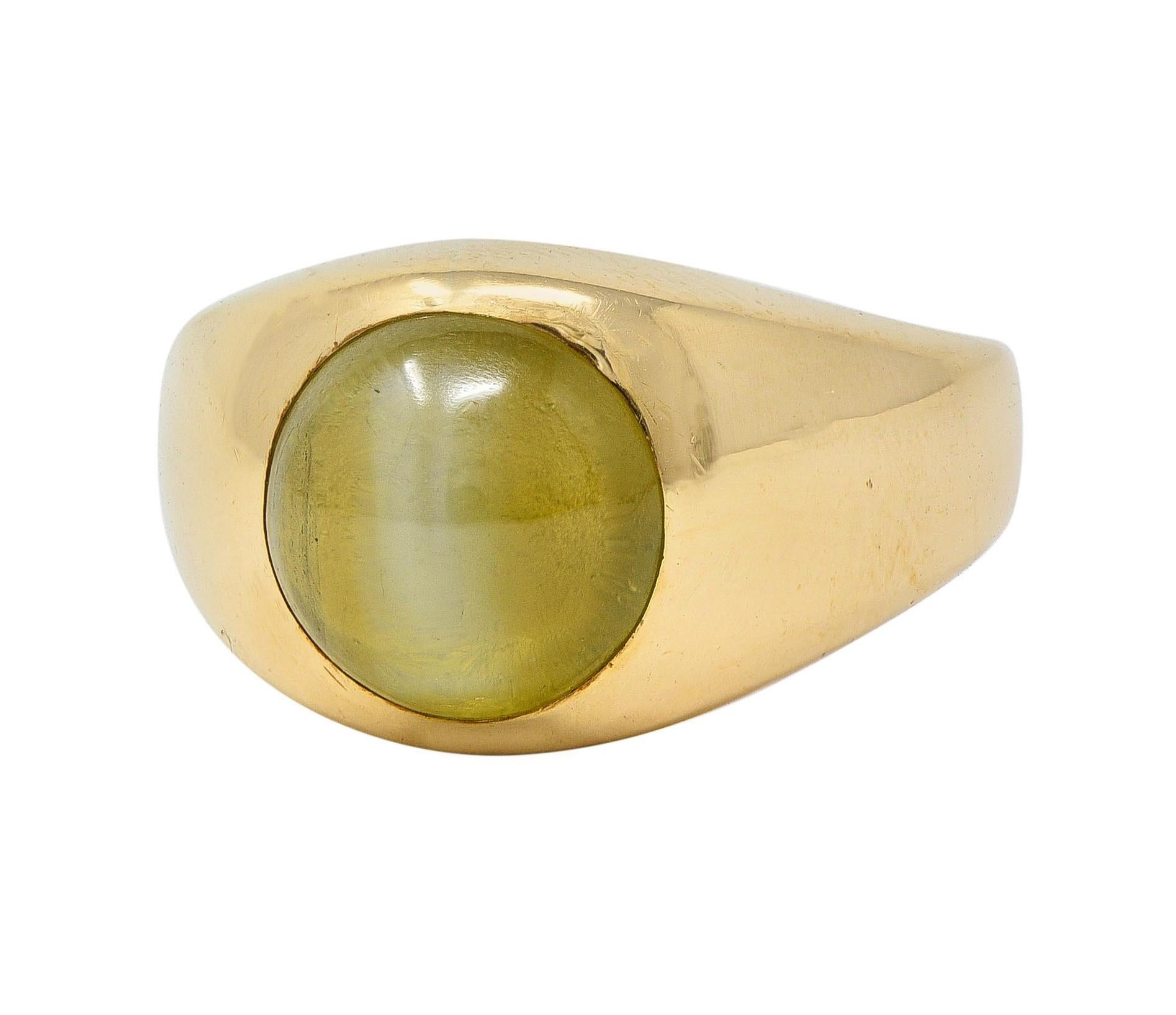1960 Natural Cat's Eye Chrysoberyl 14 Karat Yellow Gold Vintage Signet Ring GIA