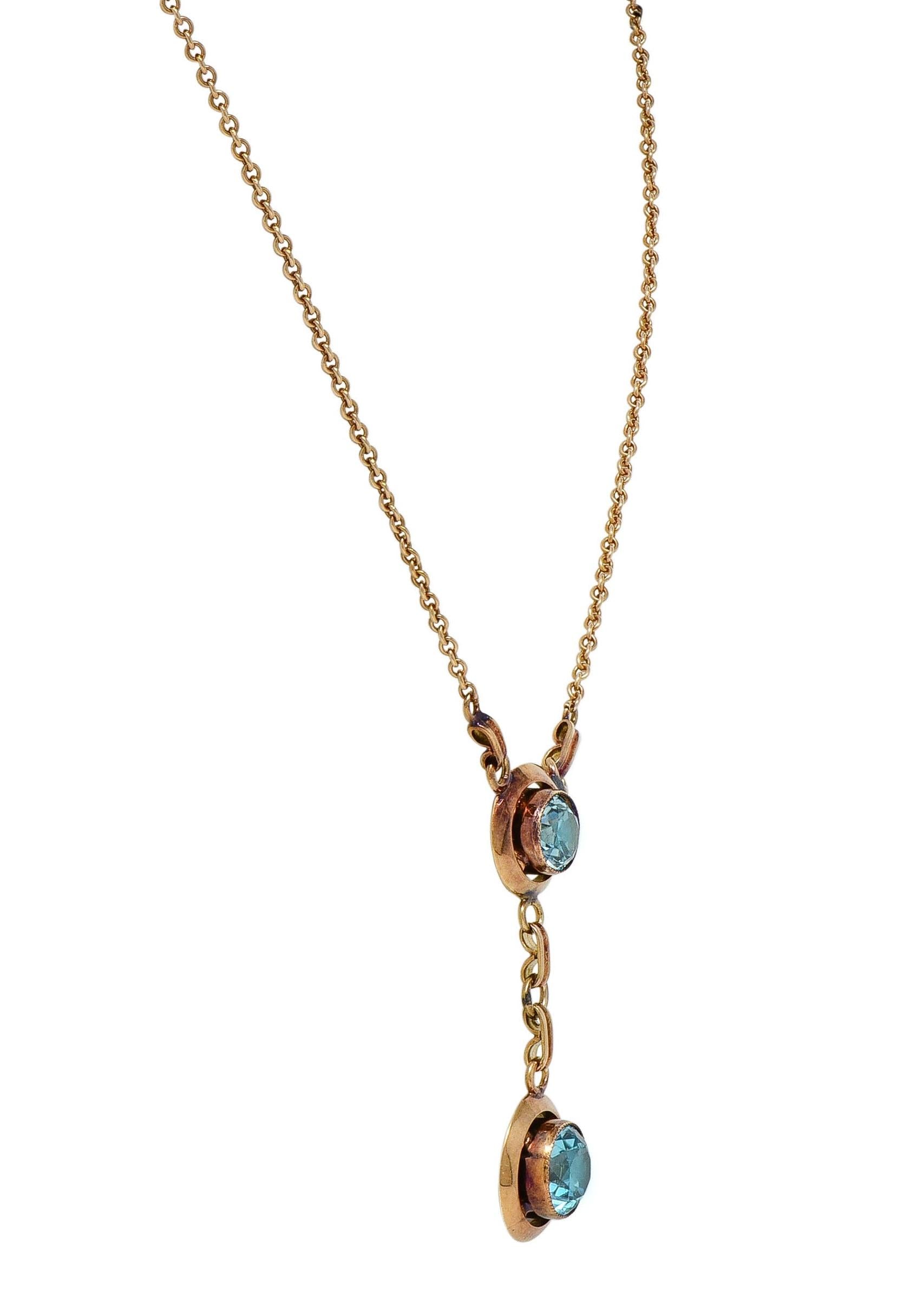 Early Art Deco Blue Zircon 14 Karat Yellow Gold Sartouir Antique Drop Necklace