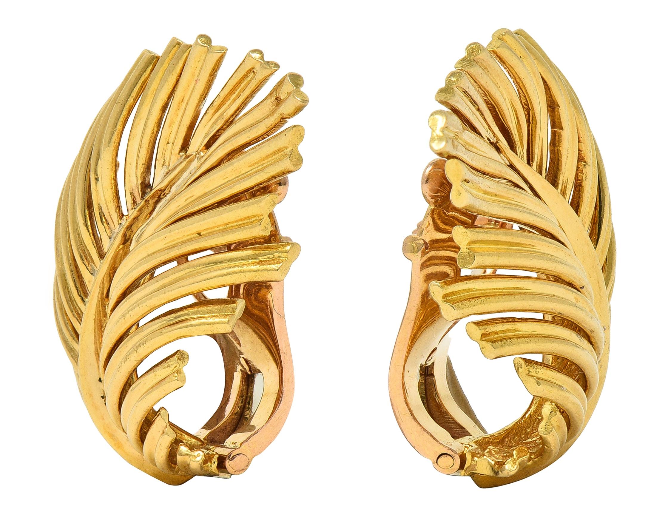 Van Cleef & Arpels 1950's 18 Karat Yellow Gold Vintage Feather Ear-Clip Earrings
