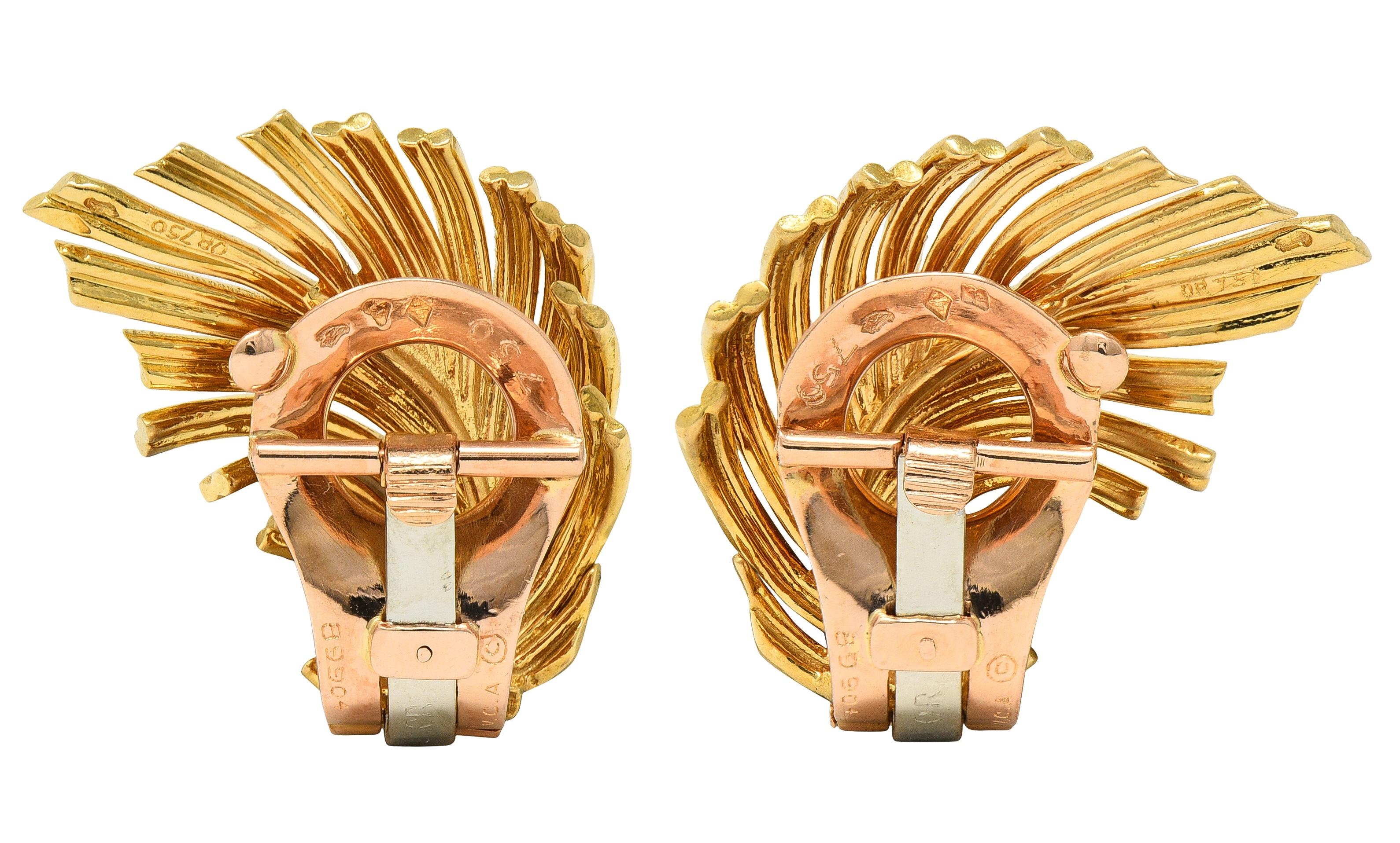 Van Cleef & Arpels 1950's 18 Karat Yellow Gold Vintage Feather Ear-Clip Earrings