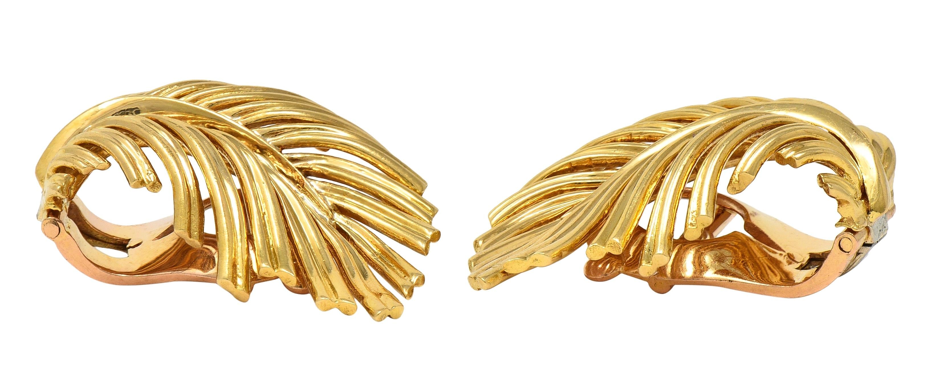 Van Cleef & Arpels 1950's 18 Karat Yellow Gold Vintage Feather Ear-Clip Earrings
