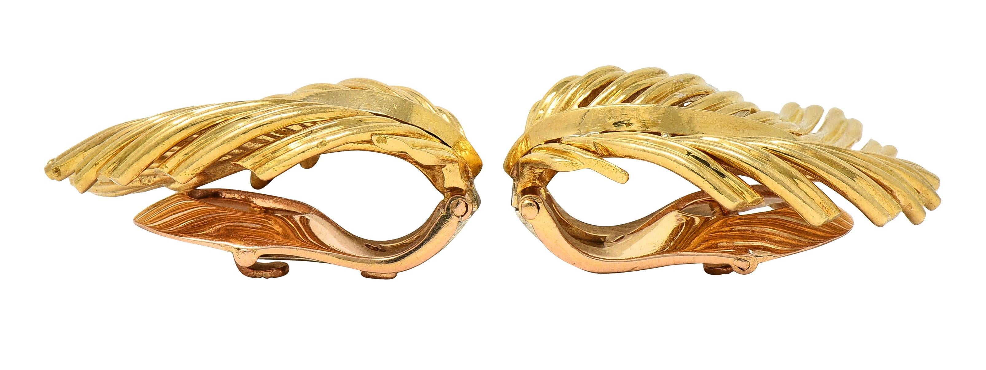 Van Cleef & Arpels 1950's 18 Karat Yellow Gold Vintage Feather Ear-Clip Earrings