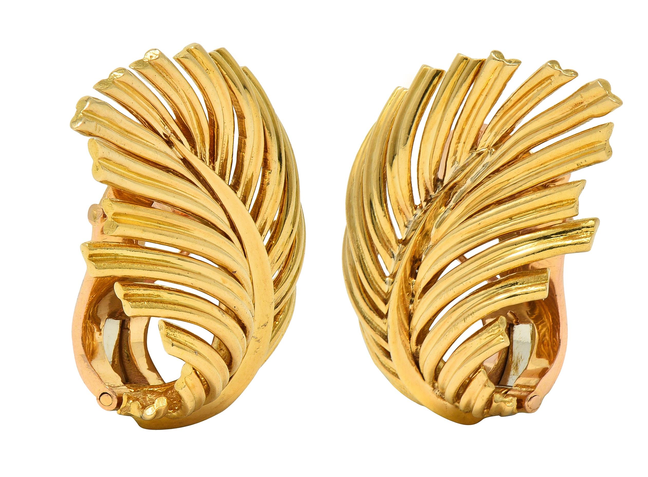 Van Cleef & Arpels 1950's 18 Karat Yellow Gold Vintage Feather Ear-Clip Earrings