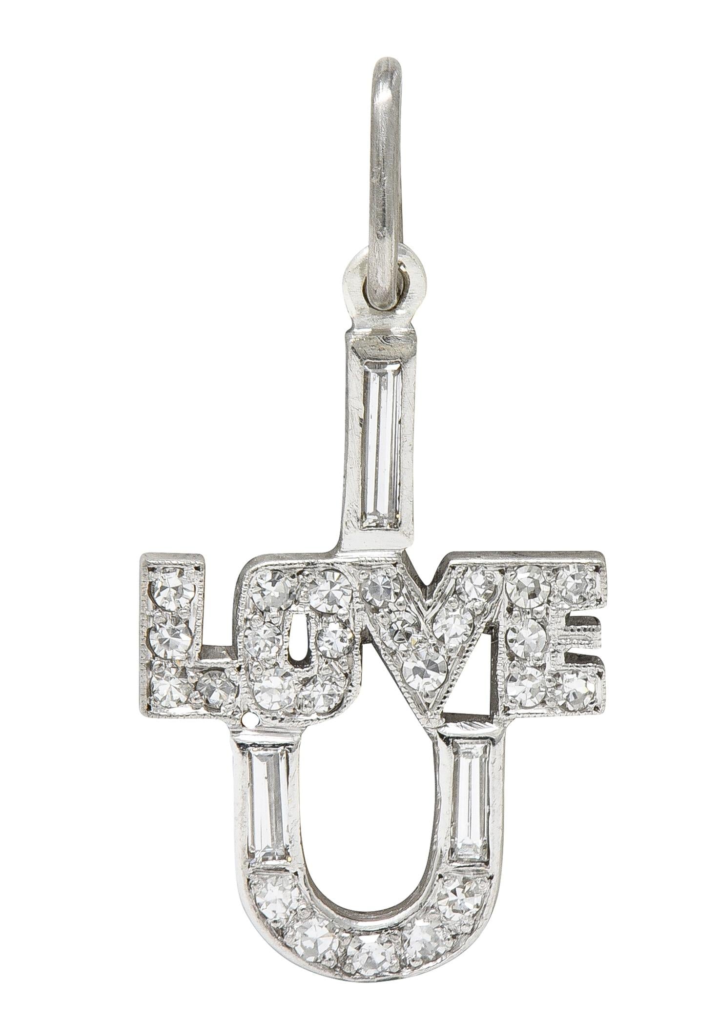 Art Deco Diamond Platinum Vintage I Love U Charm