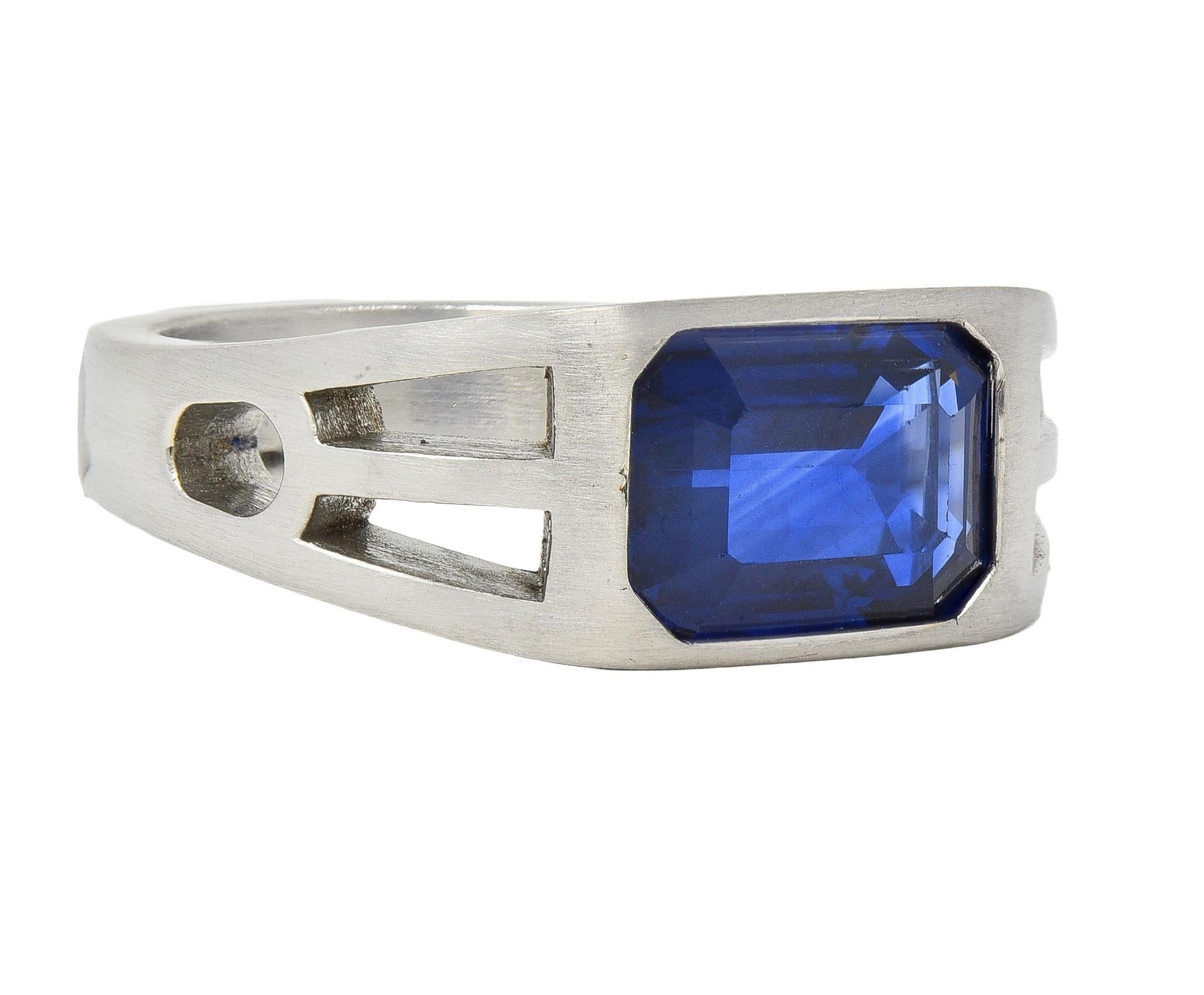 Modernist 5.60 CTW Blue Sapphire Platinum Geometric Unisex Men's Signet Ring