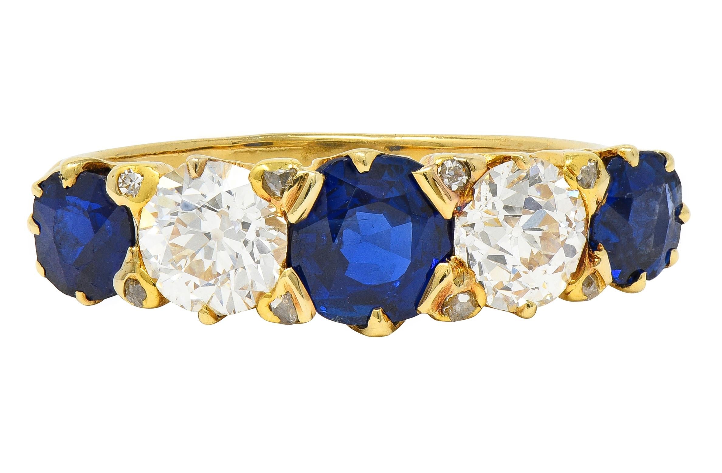 Victorian 3.84 CTW Sapphire Diamond 18 Karat Yellow Gold Antique Spade Band Ring