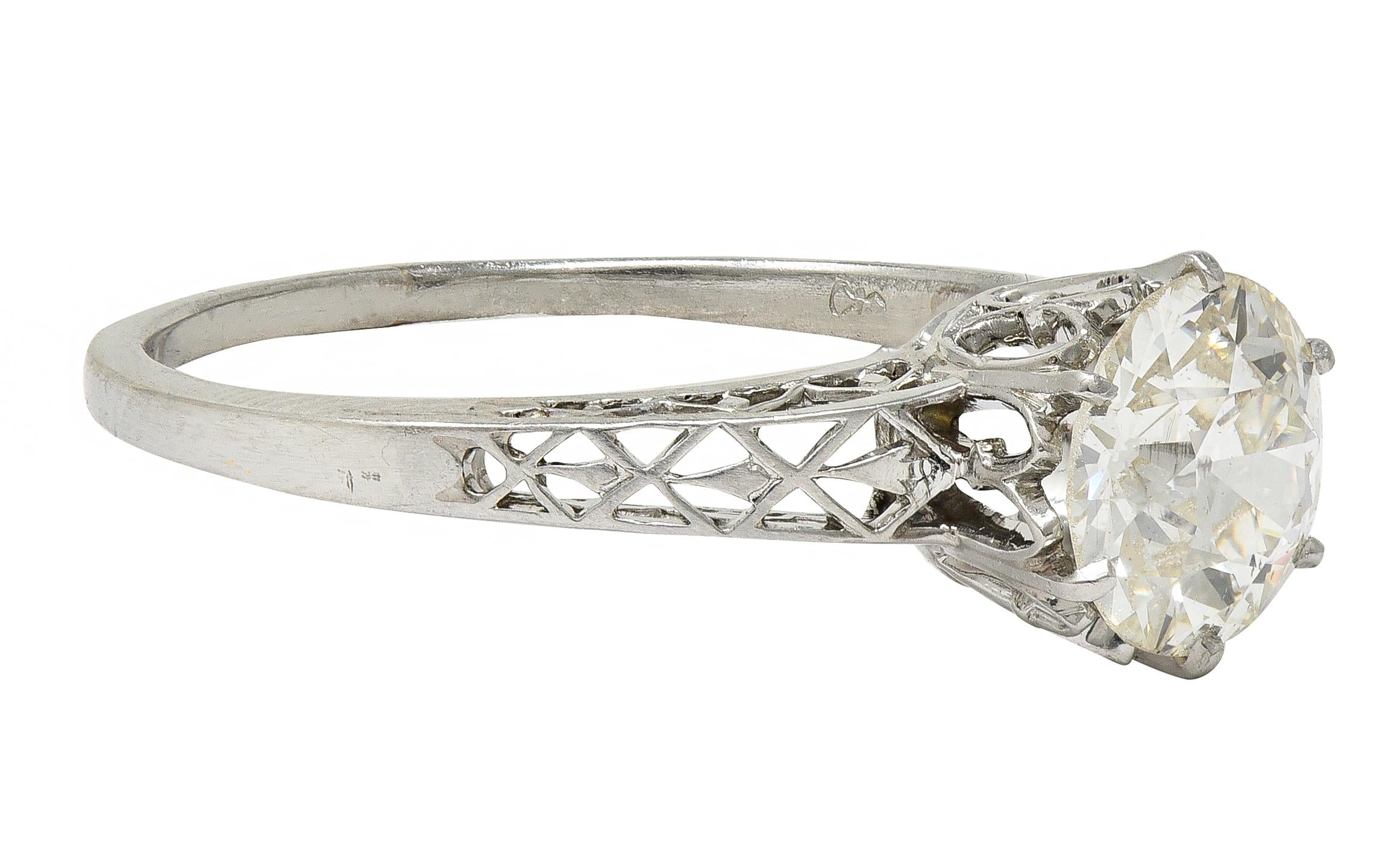 Art Deco Old European Diamond Platinum Fleur-De-Lis Solitaire Engagement Ring