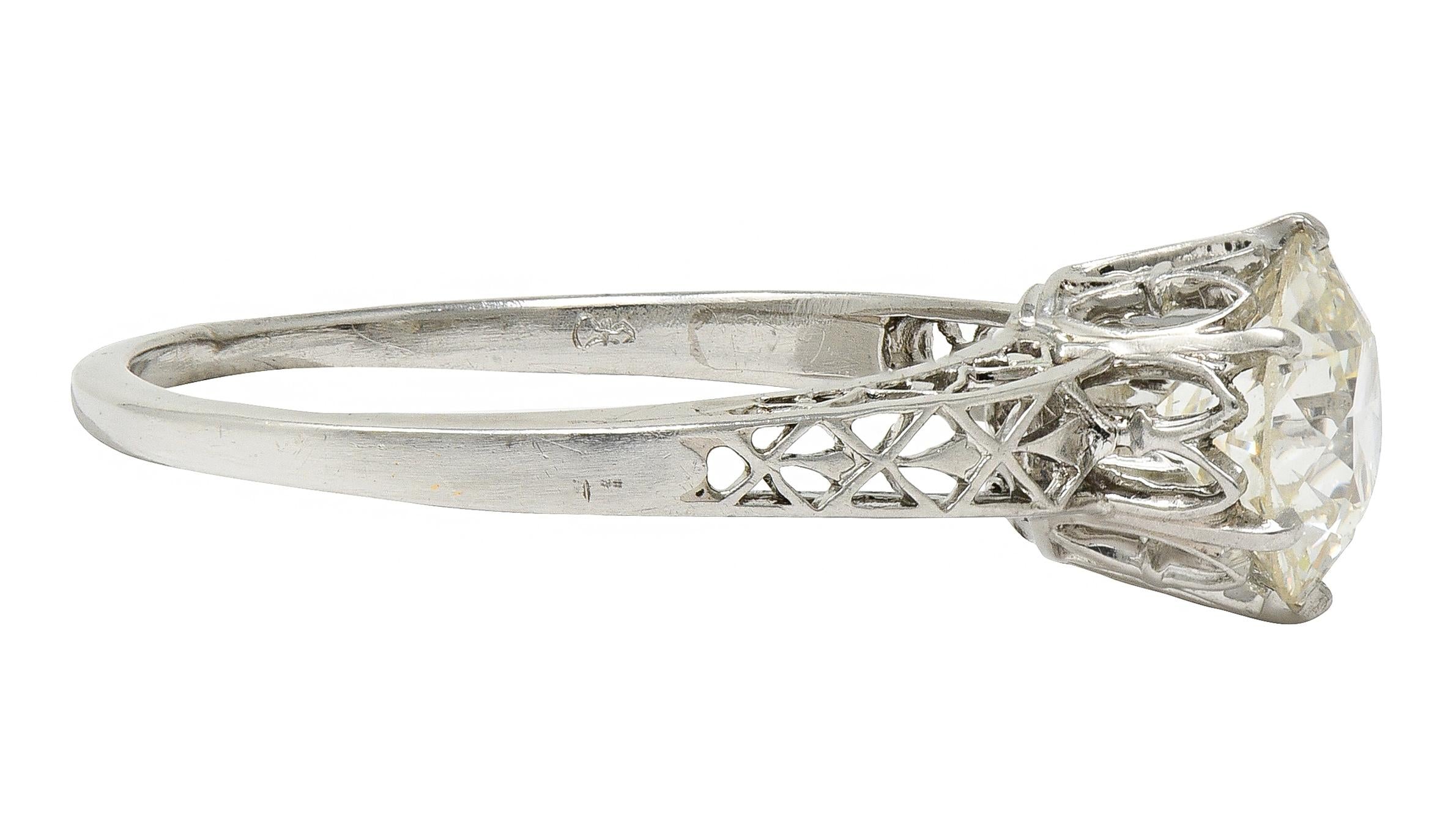 Art Deco Old European Diamond Platinum Fleur-De-Lis Solitaire Engagement Ring