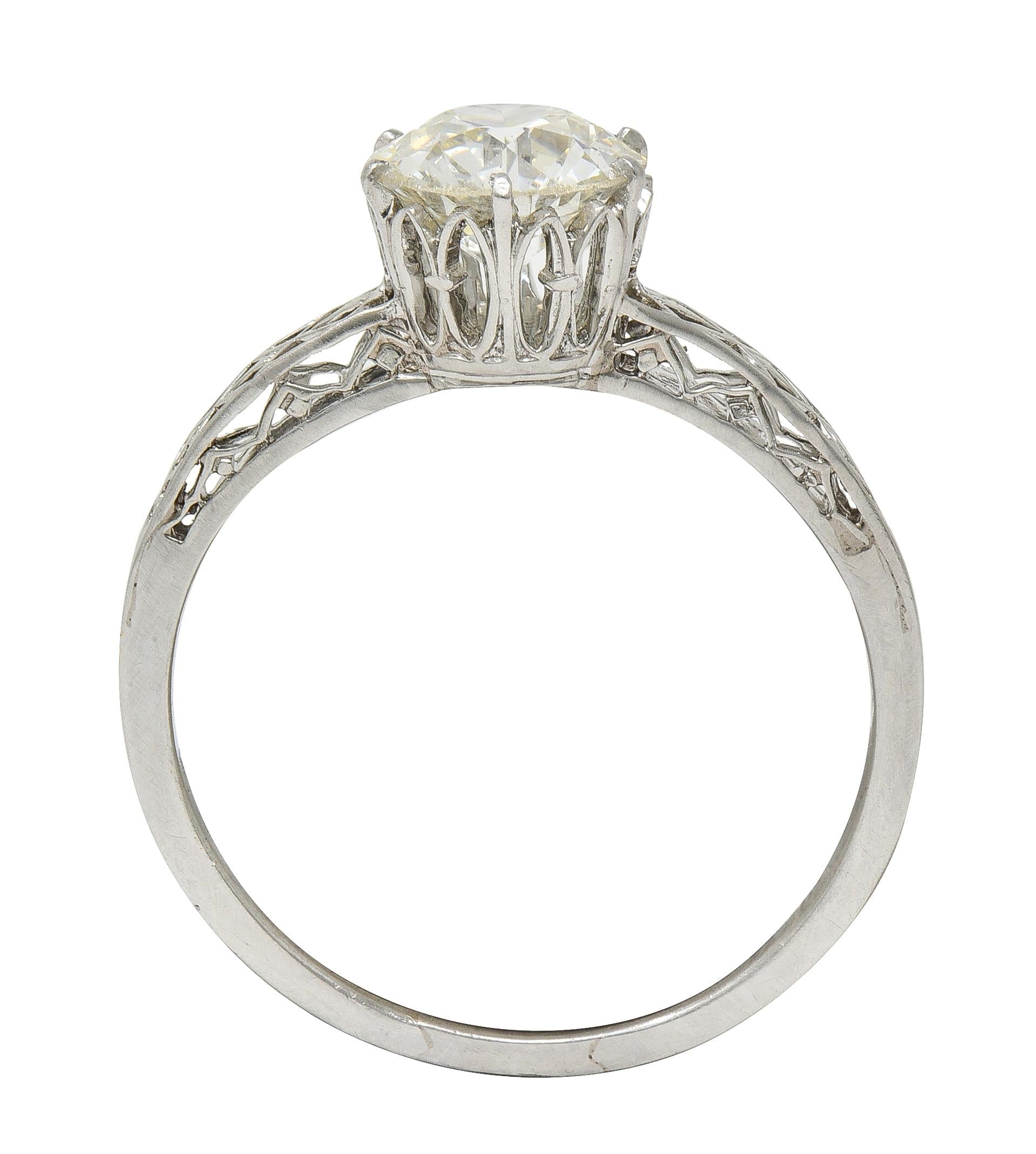 Art Deco Old European Diamond Platinum Fleur-De-Lis Solitaire Engagement Ring