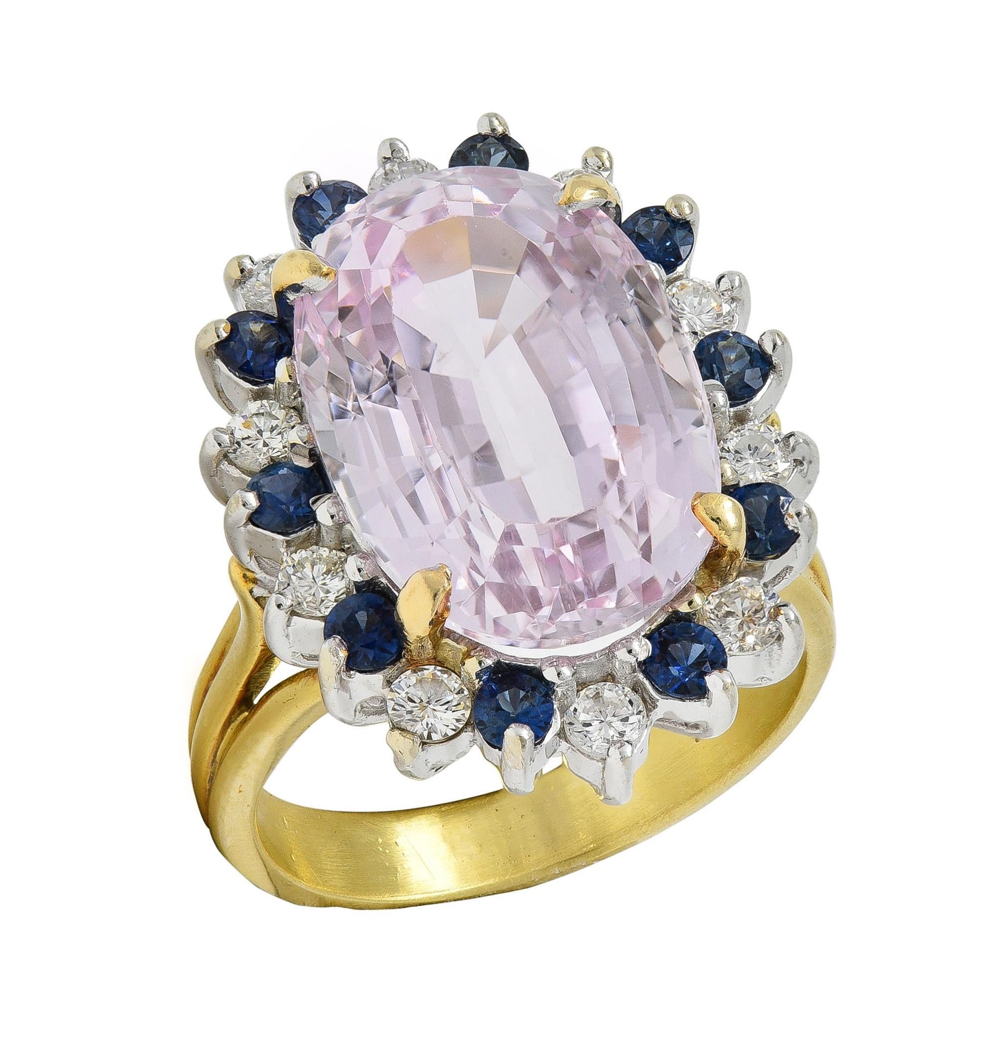 1980's Kunzite Sapphire Diamond 18 Karat Two-Tone Vintage Halo Ring