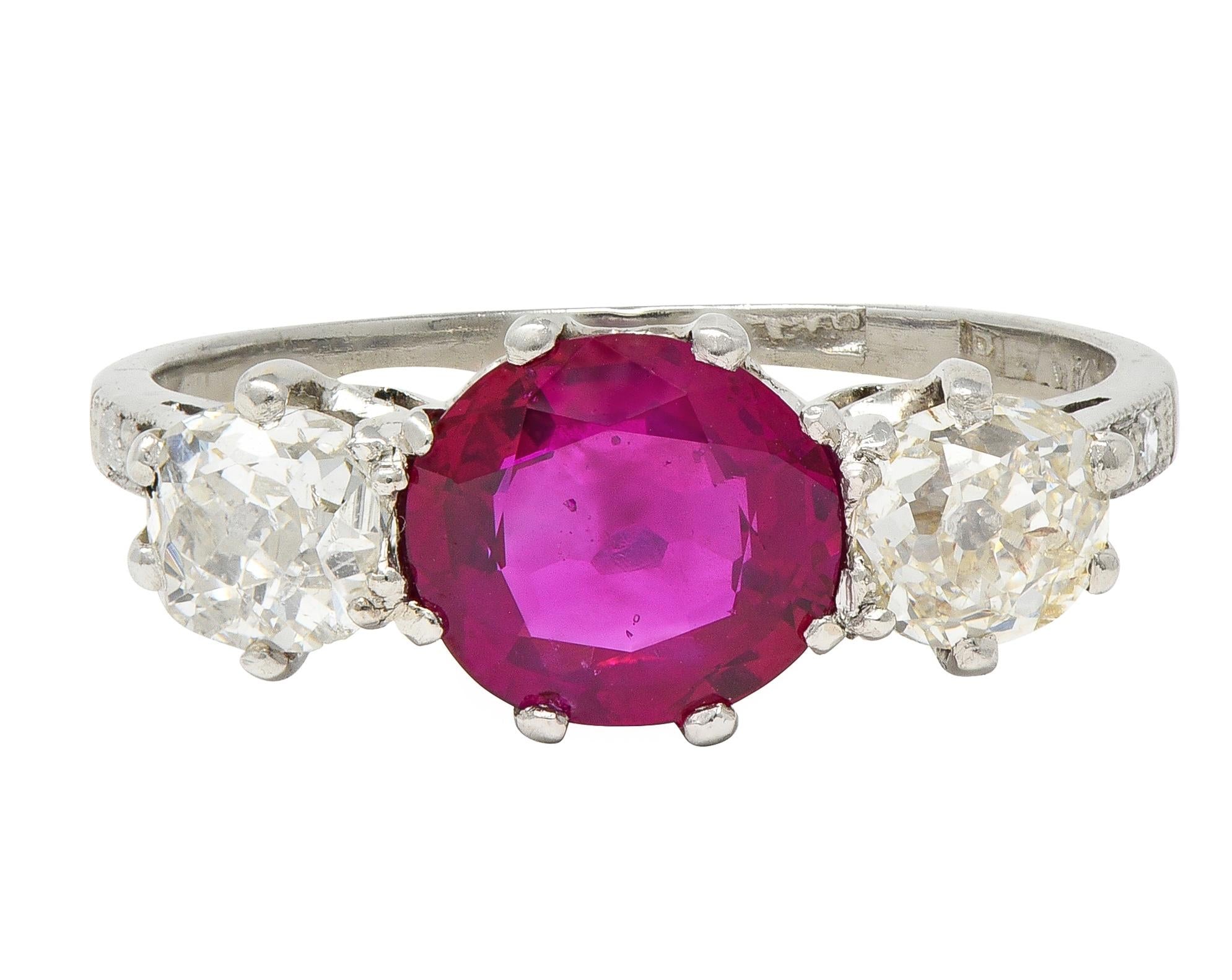 Edwardian 1.90 CTW No Heat Burma Ruby Diamond Platinum Antique Three Stone Ring