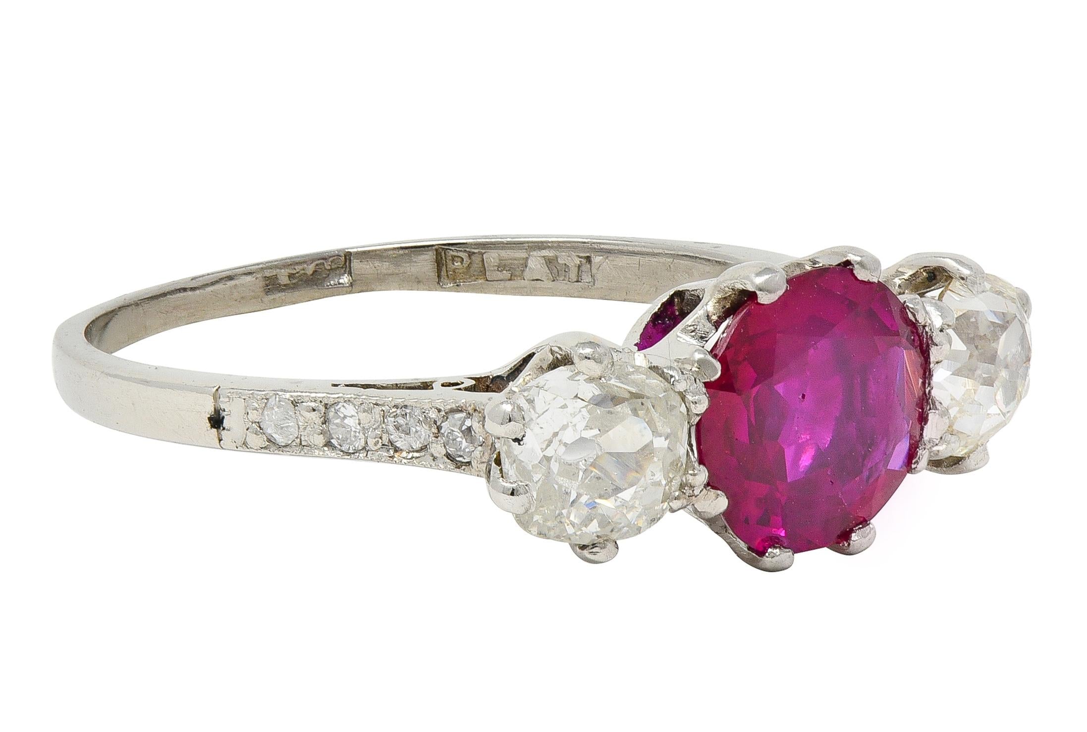 Edwardian 1.90 CTW No Heat Burma Ruby Diamond Platinum Antique Three Stone Ring