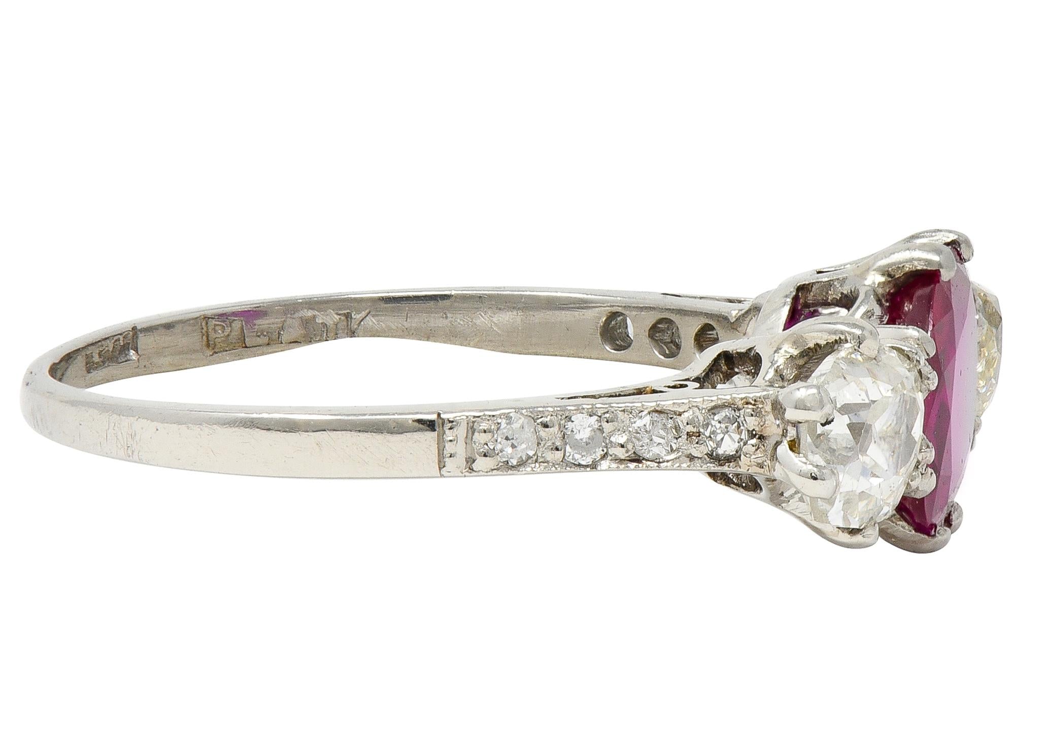 Edwardian 1.90 CTW No Heat Burma Ruby Diamond Platinum Antique Three Stone Ring