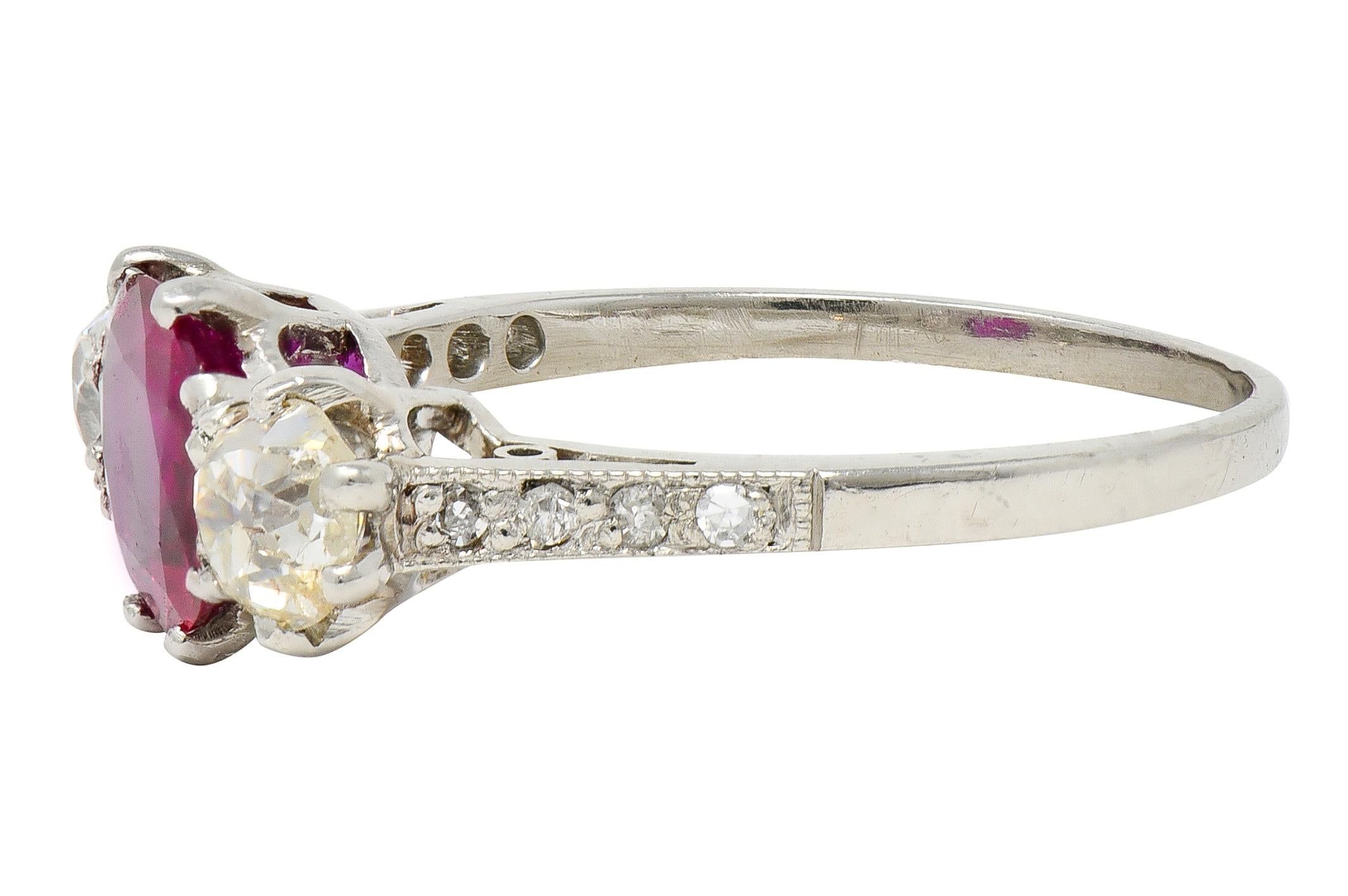 Edwardian 1.90 CTW No Heat Burma Ruby Diamond Platinum Antique Three Stone Ring