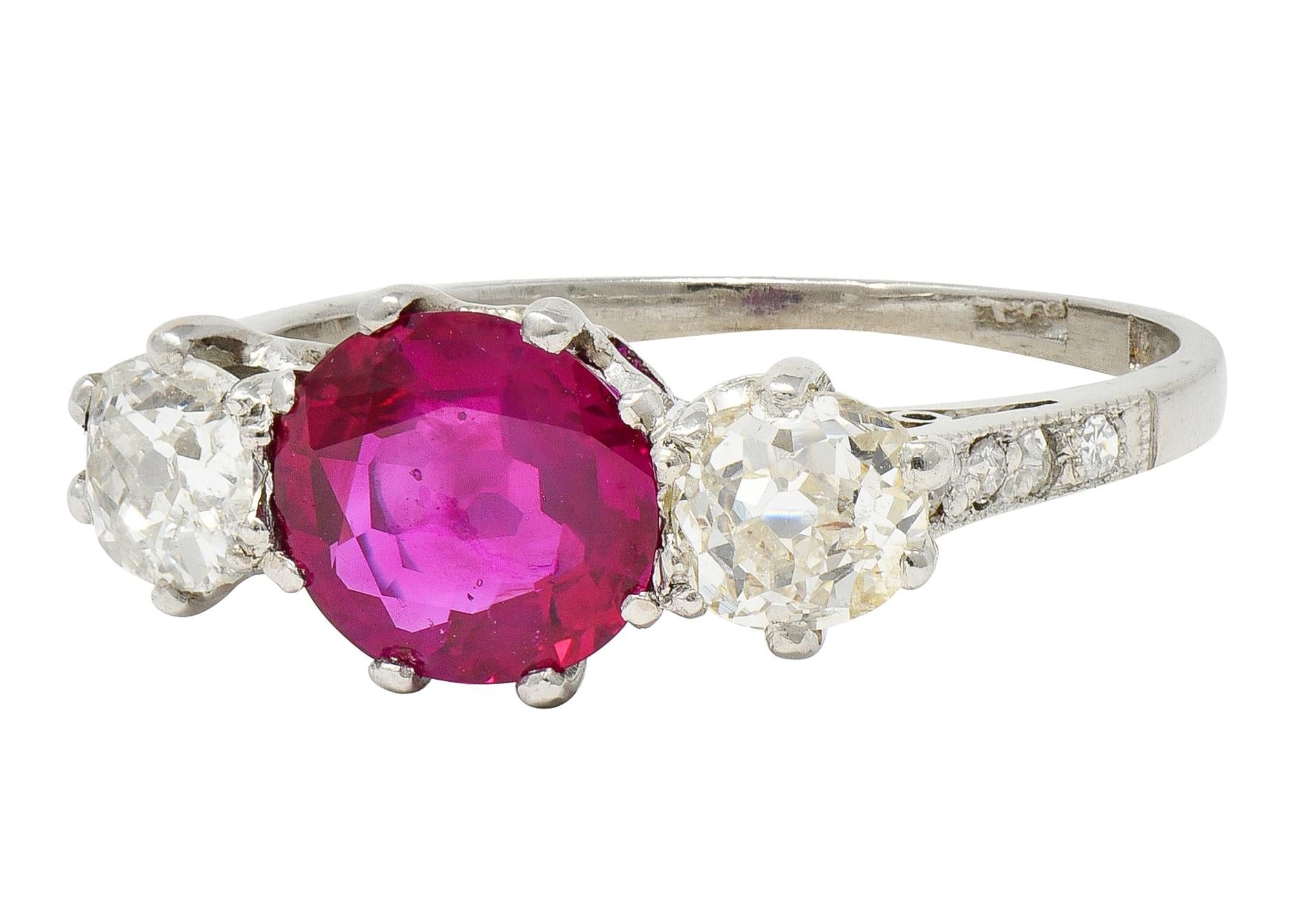 Edwardian 1.90 CTW No Heat Burma Ruby Diamond Platinum Antique Three Stone Ring