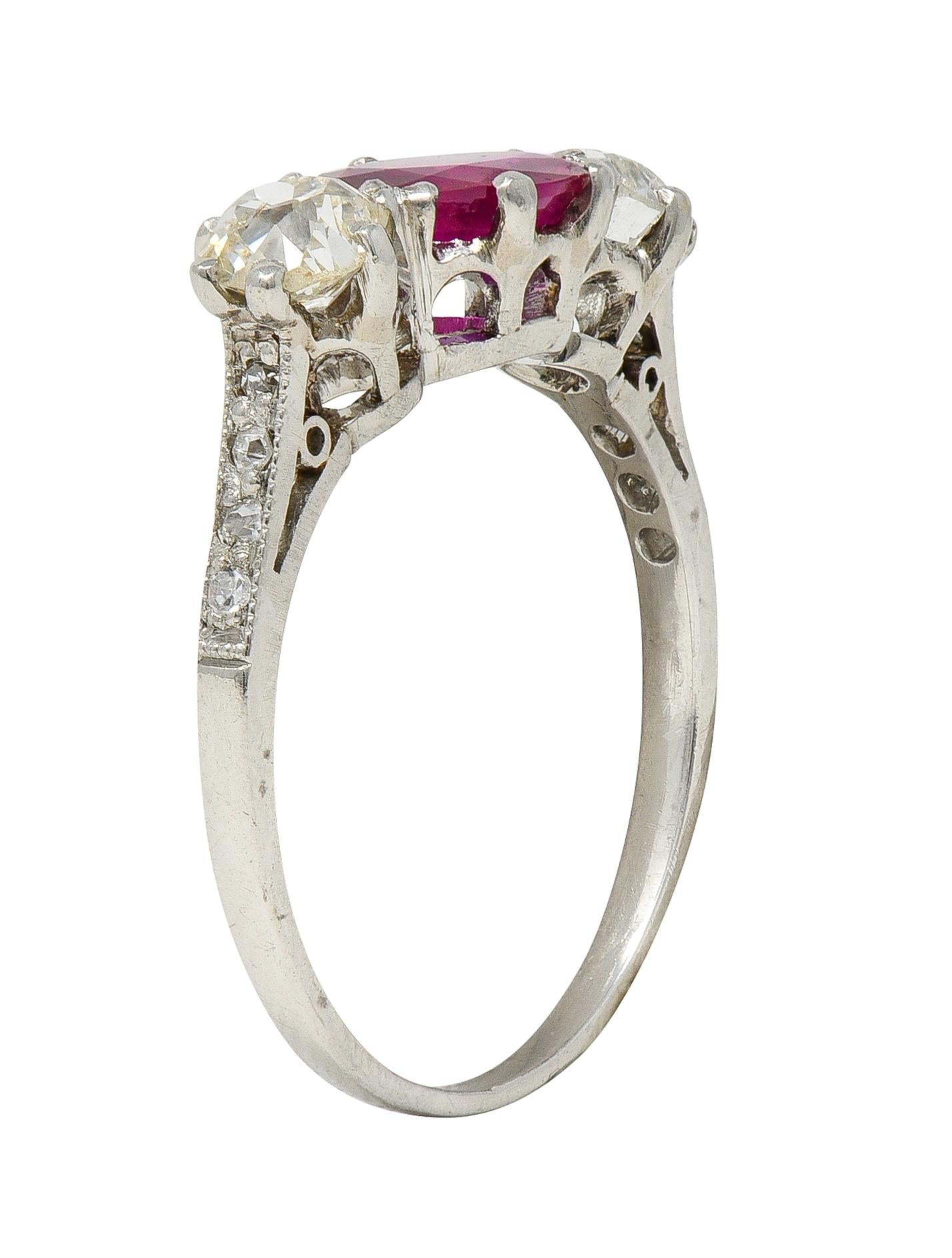 Edwardian 1.90 CTW No Heat Burma Ruby Diamond Platinum Antique Three Stone Ring