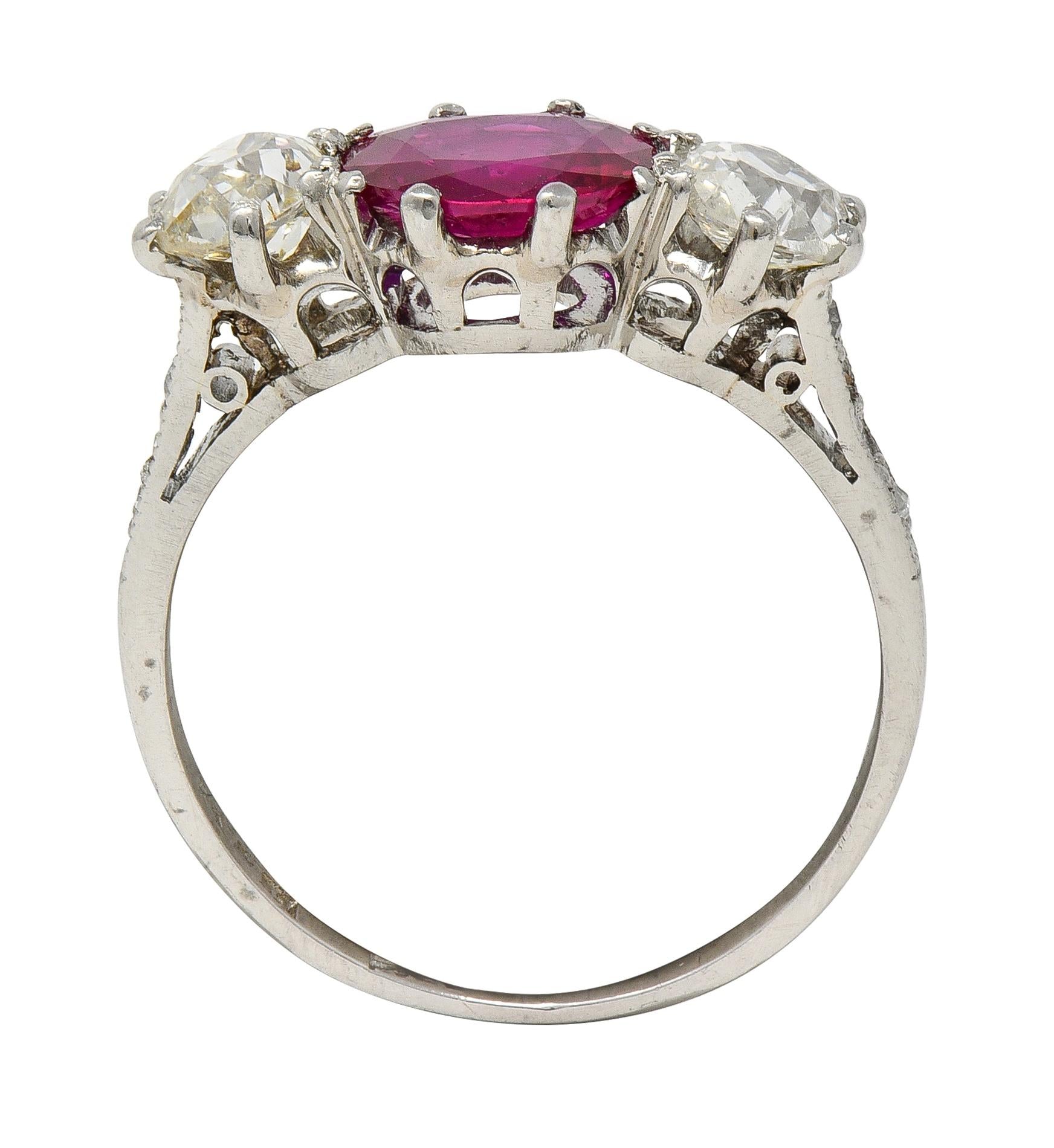 Edwardian 1.90 CTW No Heat Burma Ruby Diamond Platinum Antique Three Stone Ring