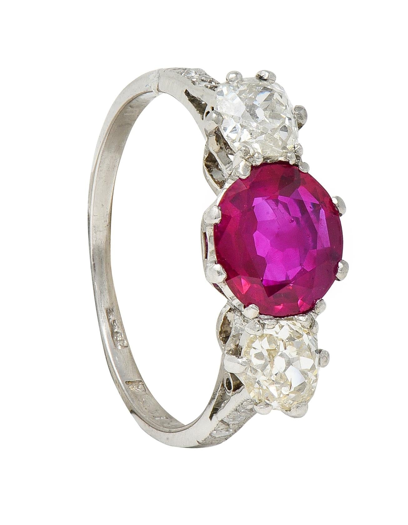 Edwardian 1.90 CTW No Heat Burma Ruby Diamond Platinum Antique Three Stone Ring