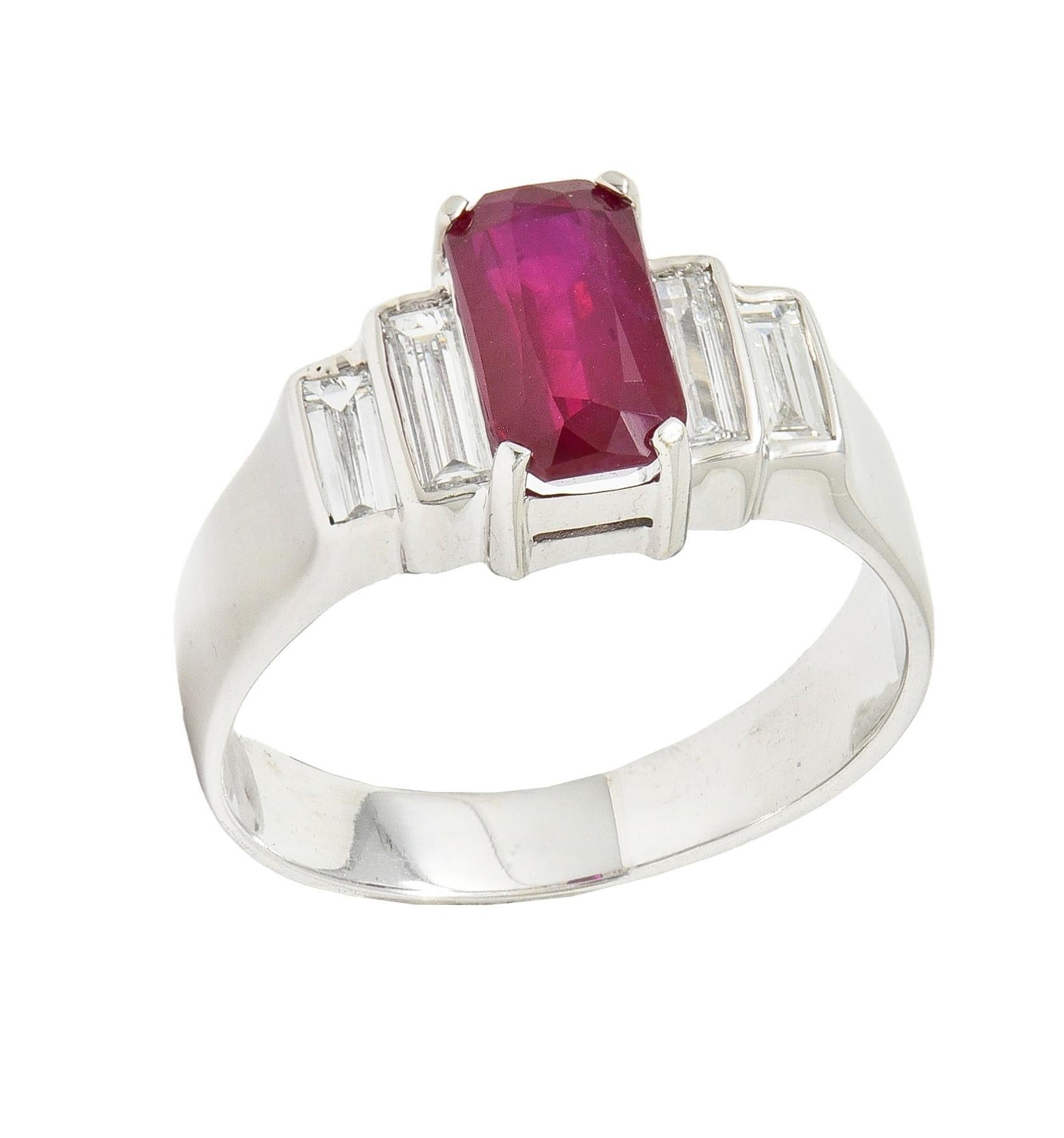 Contemporary 2.10 CTW Emerald Cut Ruby Diamond 18 Karat White Gold Ring