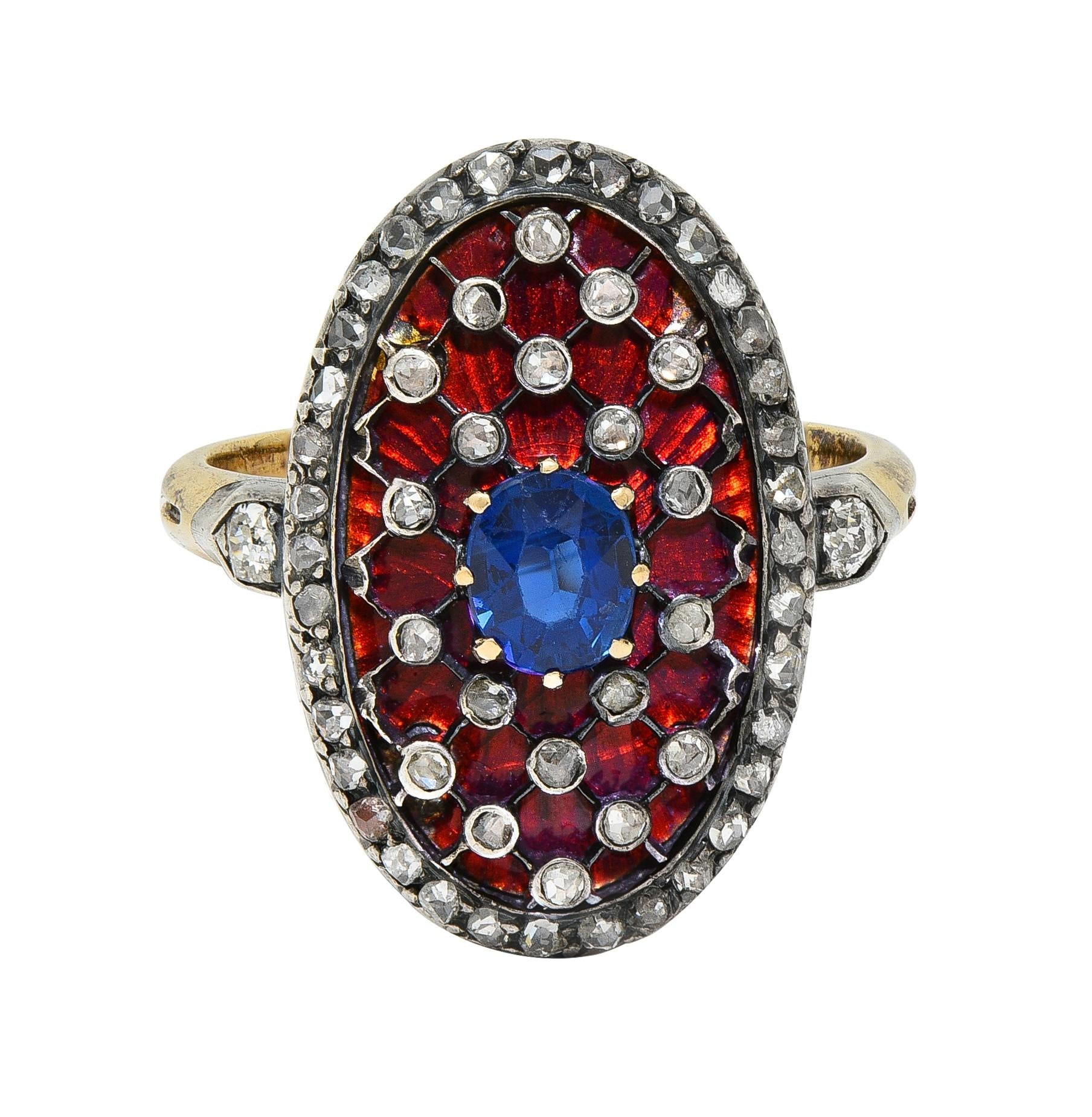 Victorian Sapphire Diamond Enamel Silver 18K Gold Antique Navette Cluster Ring
