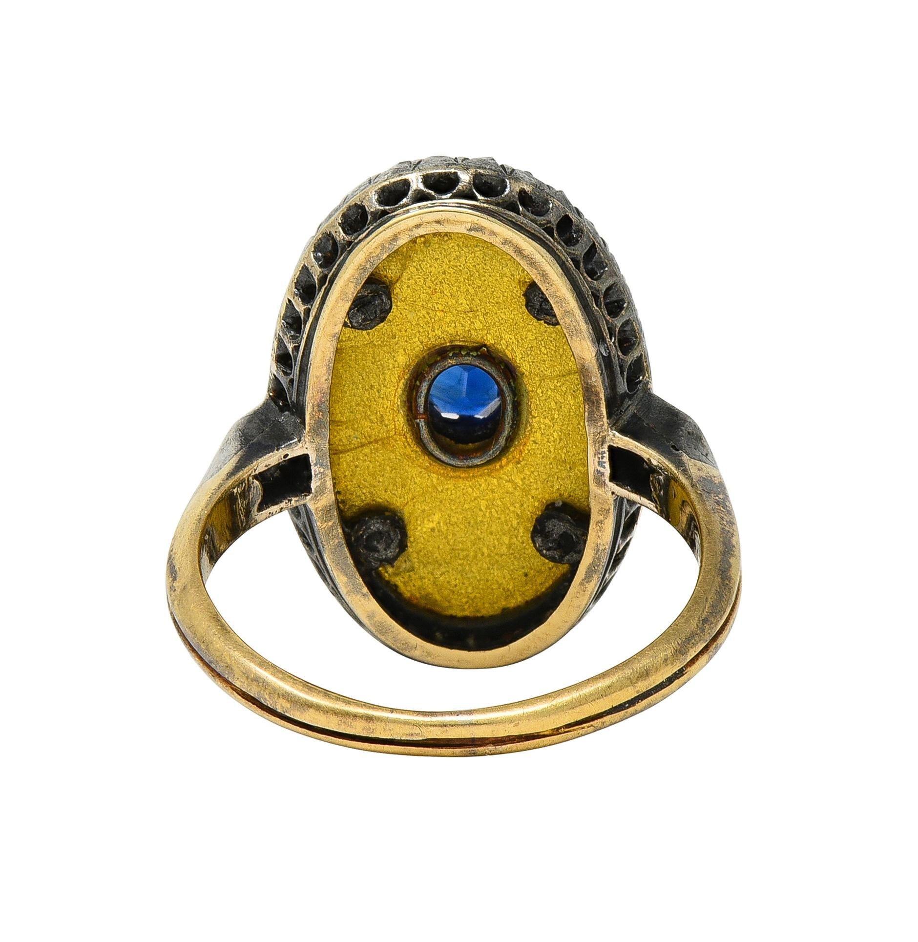 Victorian Sapphire Diamond Enamel Silver 18K Gold Antique Navette Cluster Ring