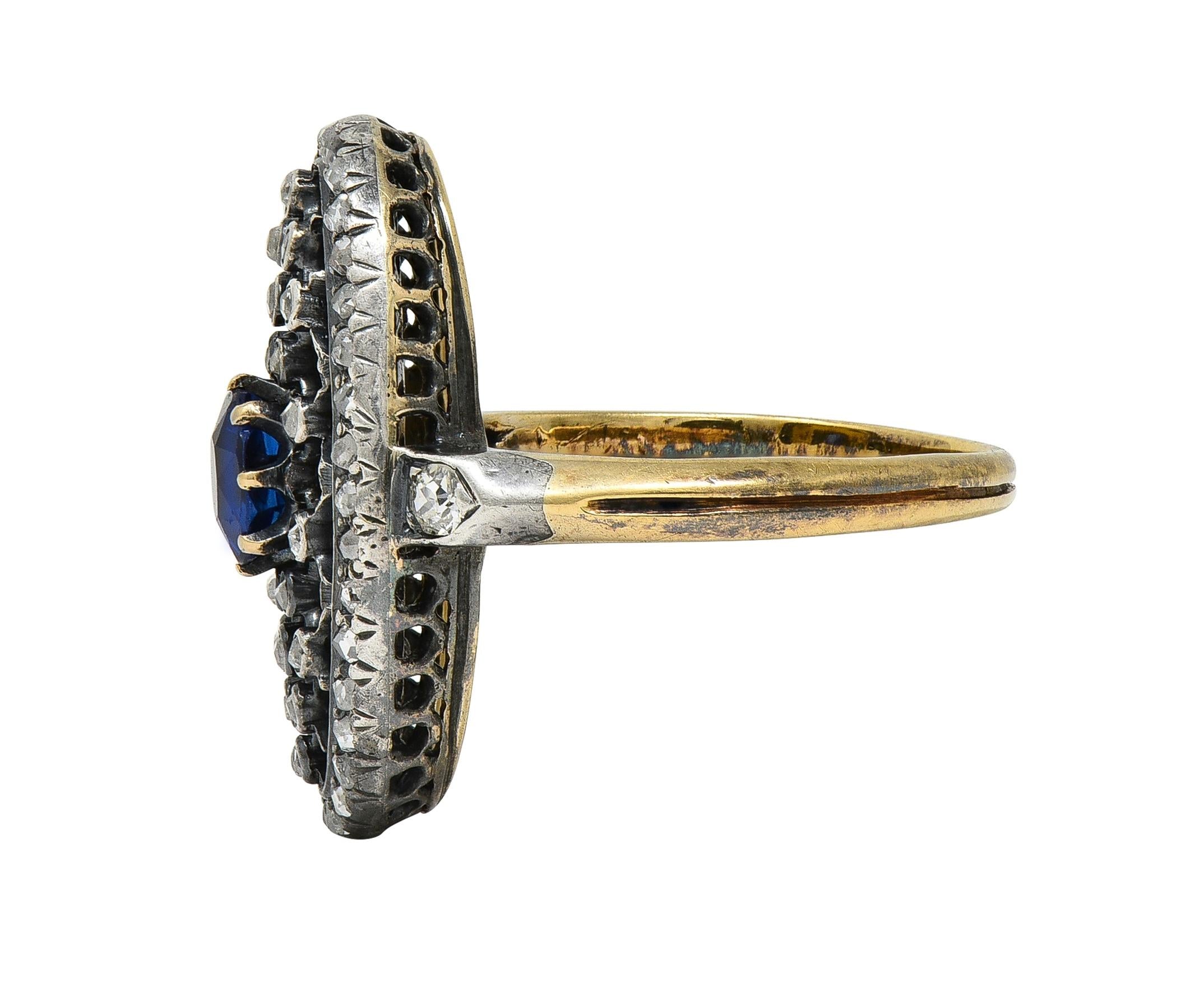 Victorian Sapphire Diamond Enamel Silver 18K Gold Antique Navette Cluster Ring