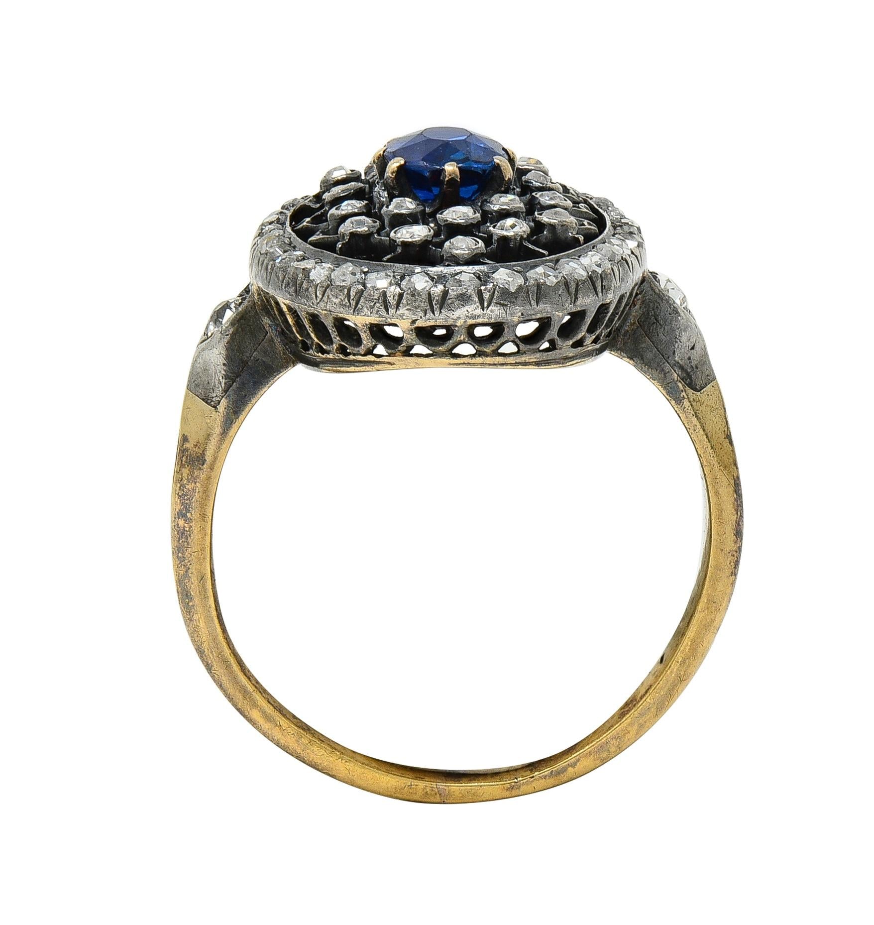 Victorian Sapphire Diamond Enamel Silver 18K Gold Antique Navette Cluster Ring