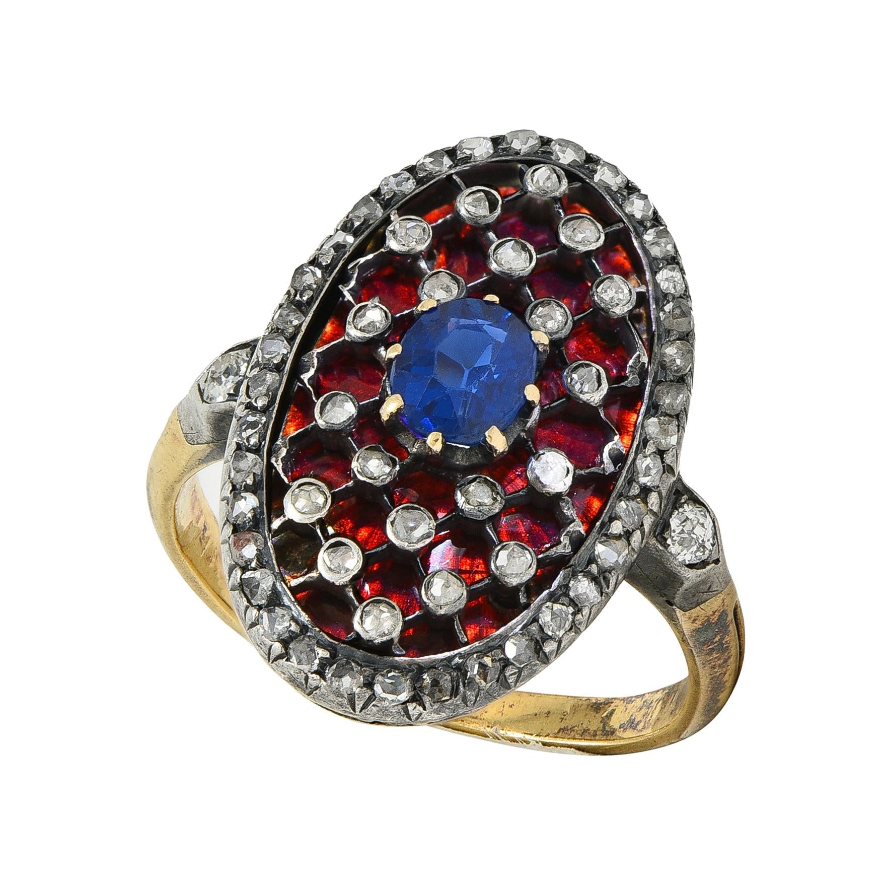 Victorian Sapphire Diamond Enamel Silver 18K Gold Antique Navette Cluster Ring