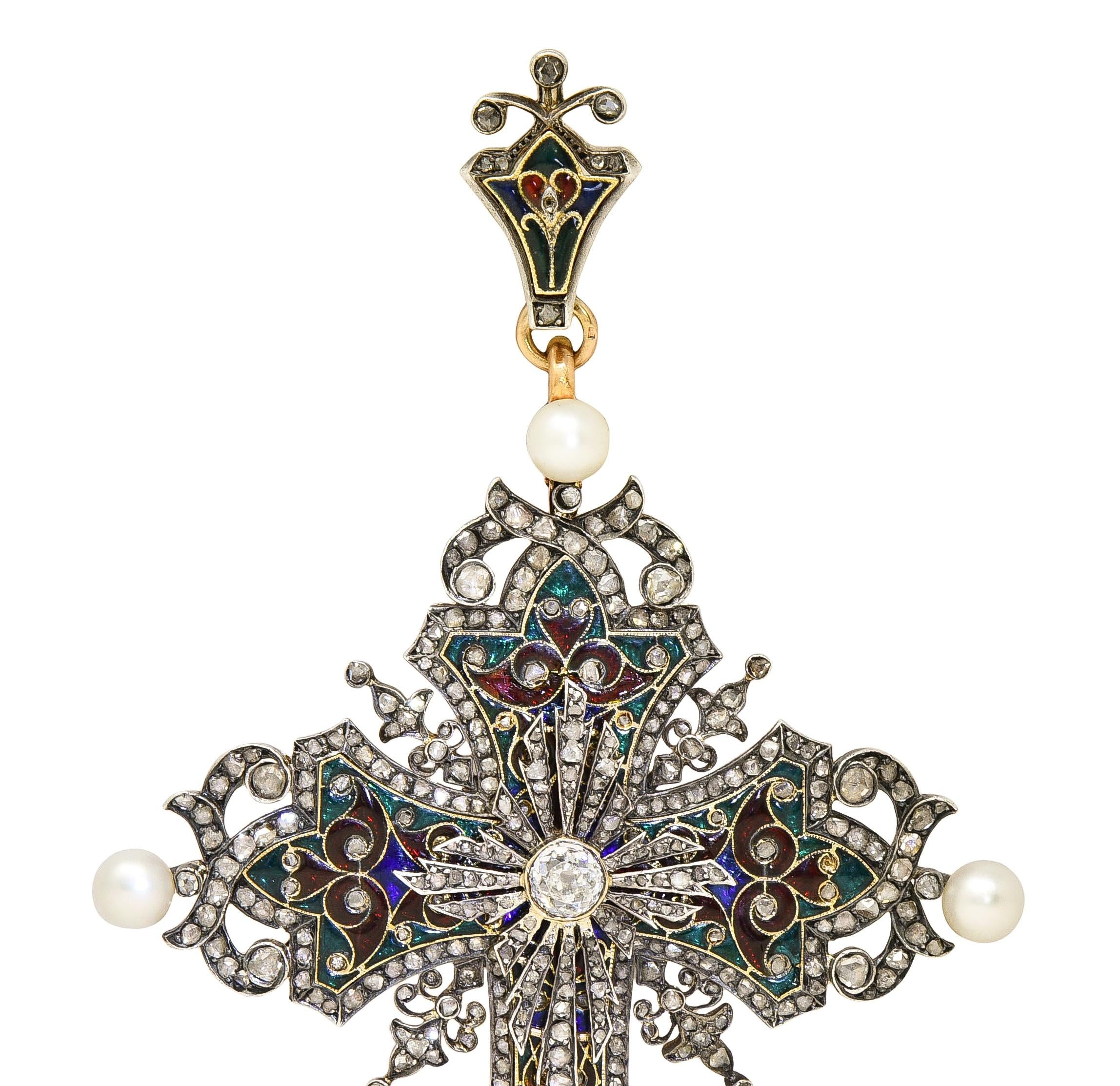 Boucheron Victorian Diamond Enamel Silver 18K Yellow Gold Antique Cross Pendant