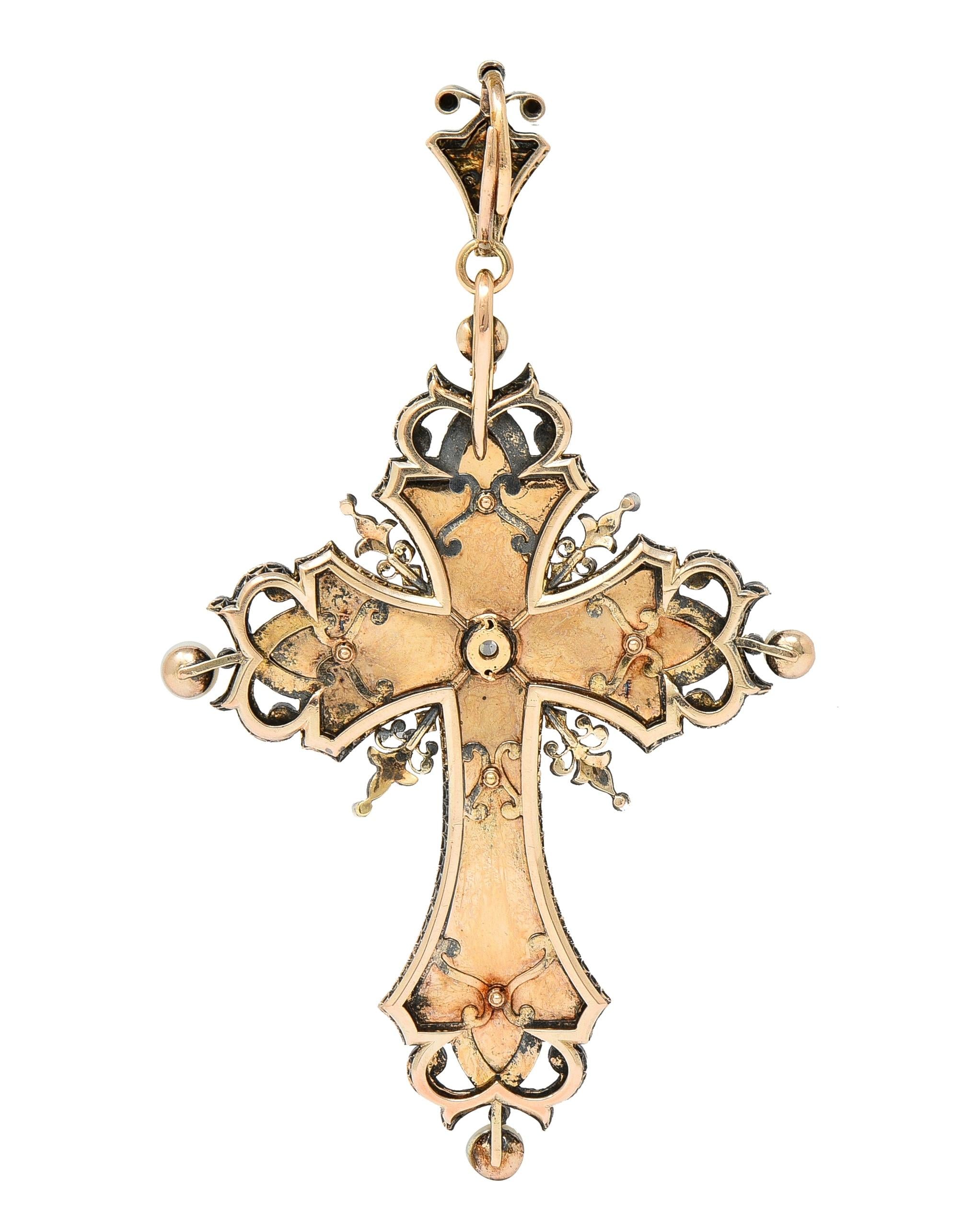 Boucheron Victorian Diamond Enamel Silver 18K Yellow Gold Antique Cross Pendant