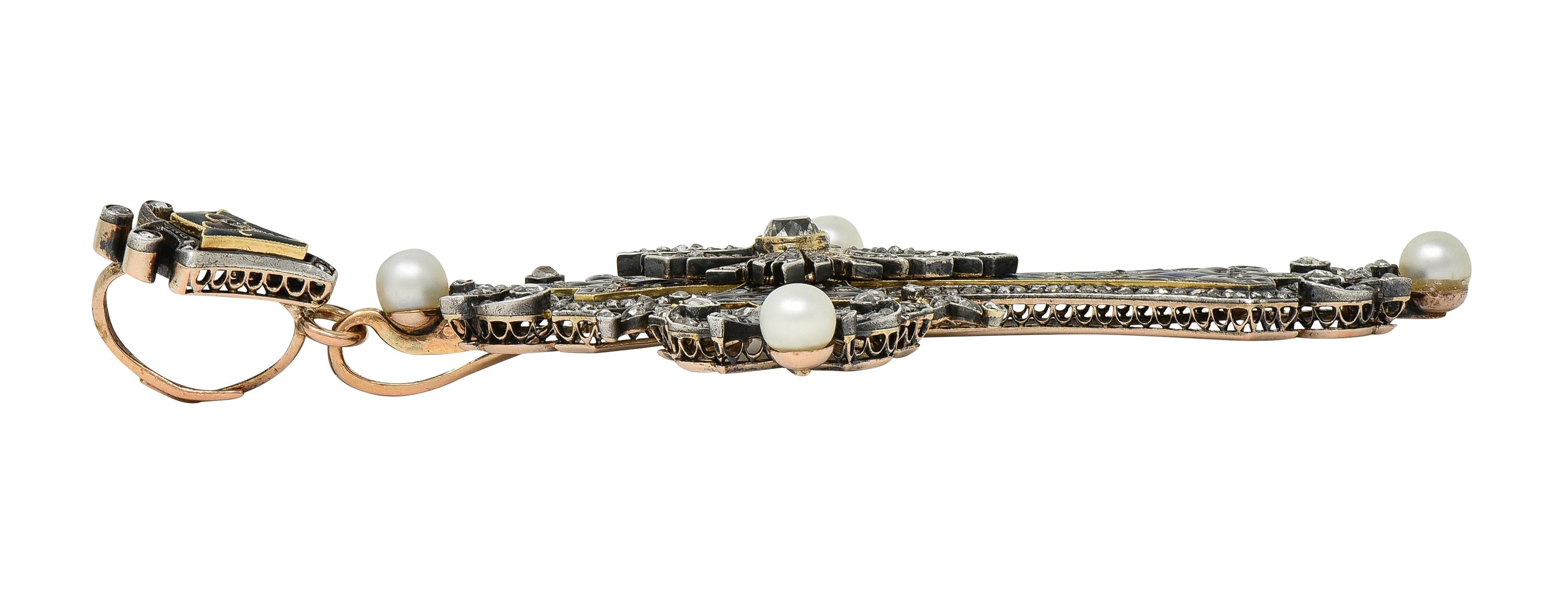 Boucheron Victorian Diamond Enamel Silver 18K Yellow Gold Antique Cross Pendant